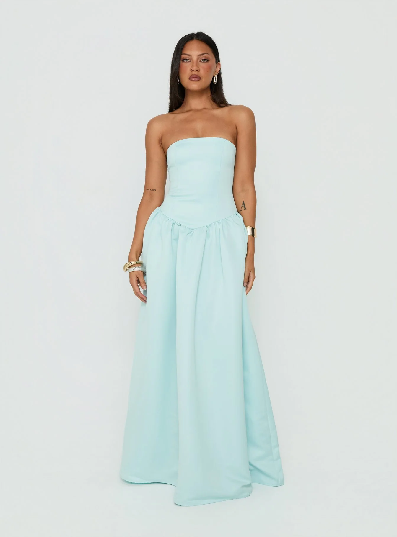 Soft Bloom Drop Waist Strapless Maxi Dress Blue