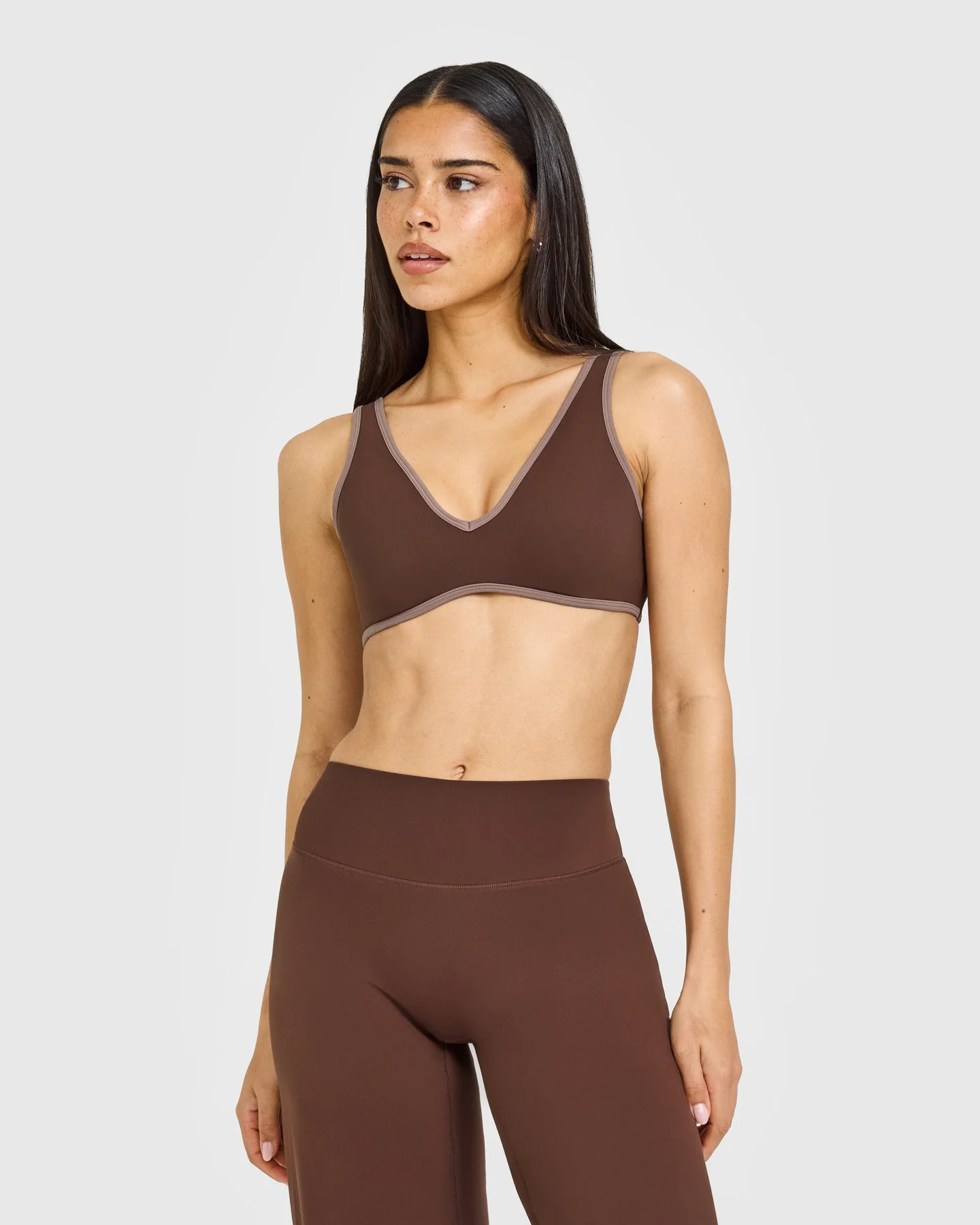 SoftMotion™ Contrast Scoop Back Bralette with White Logo | Espresso Brown