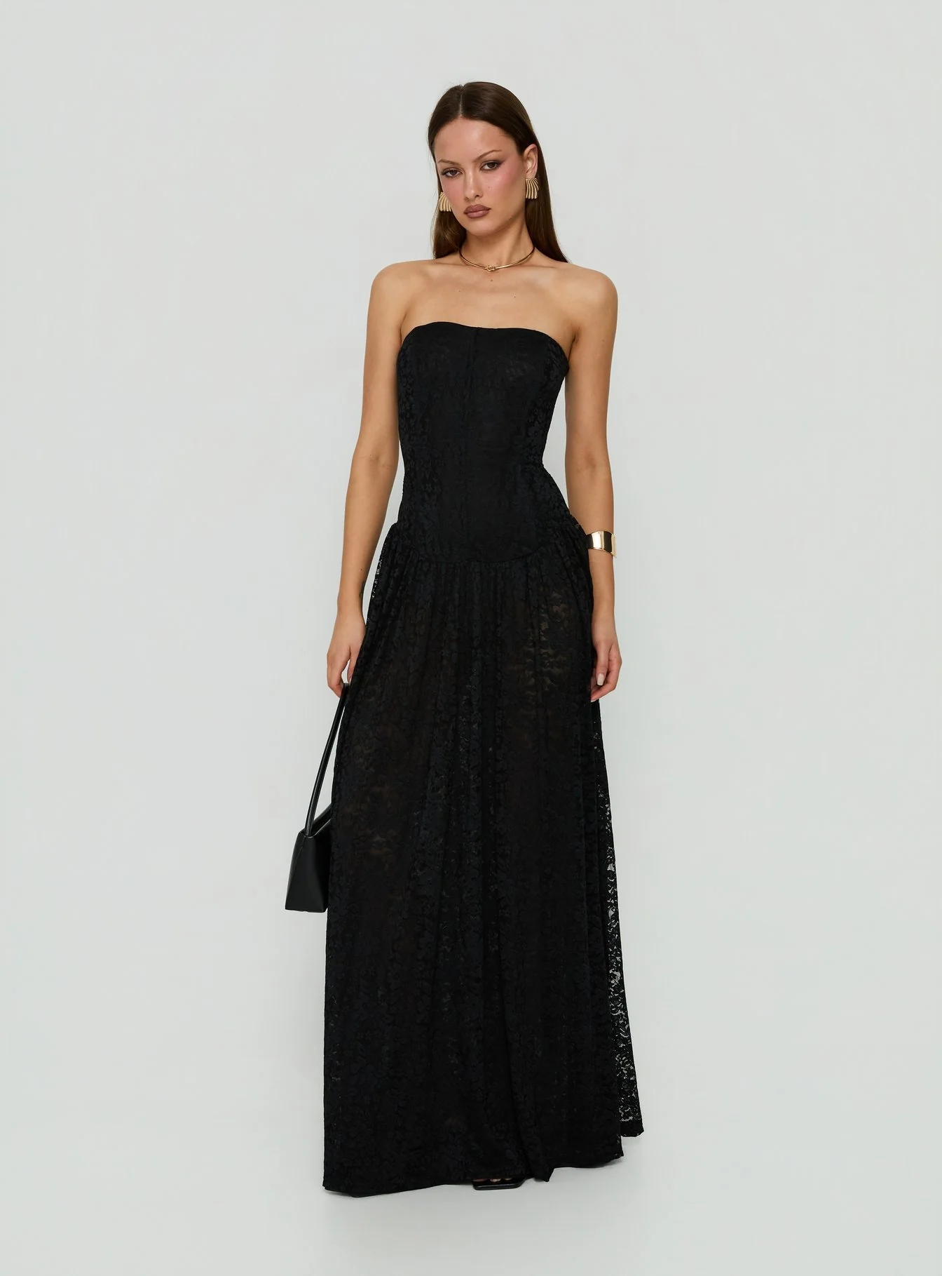 Diannah Lace Corset Strapless Maxi Dress Black