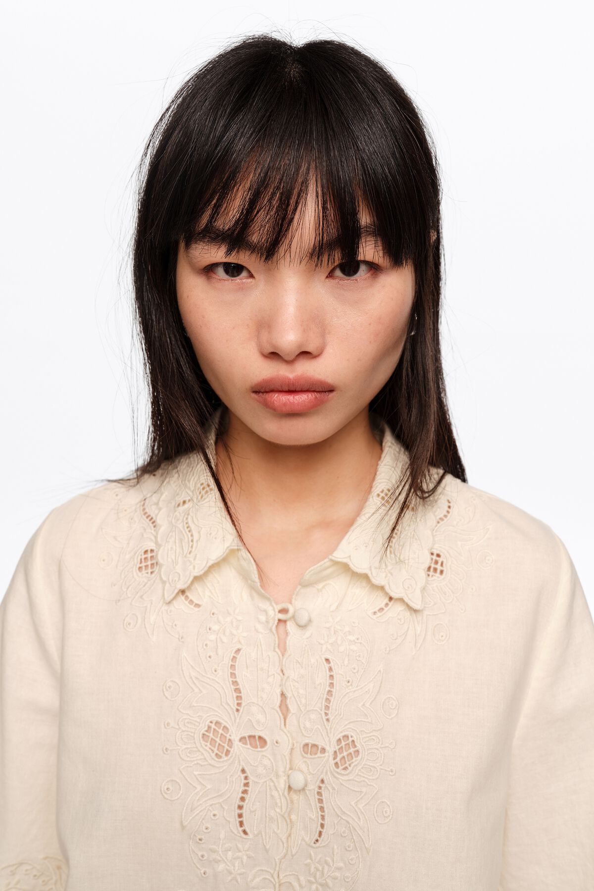 Beige linen cotton embroidered shirt