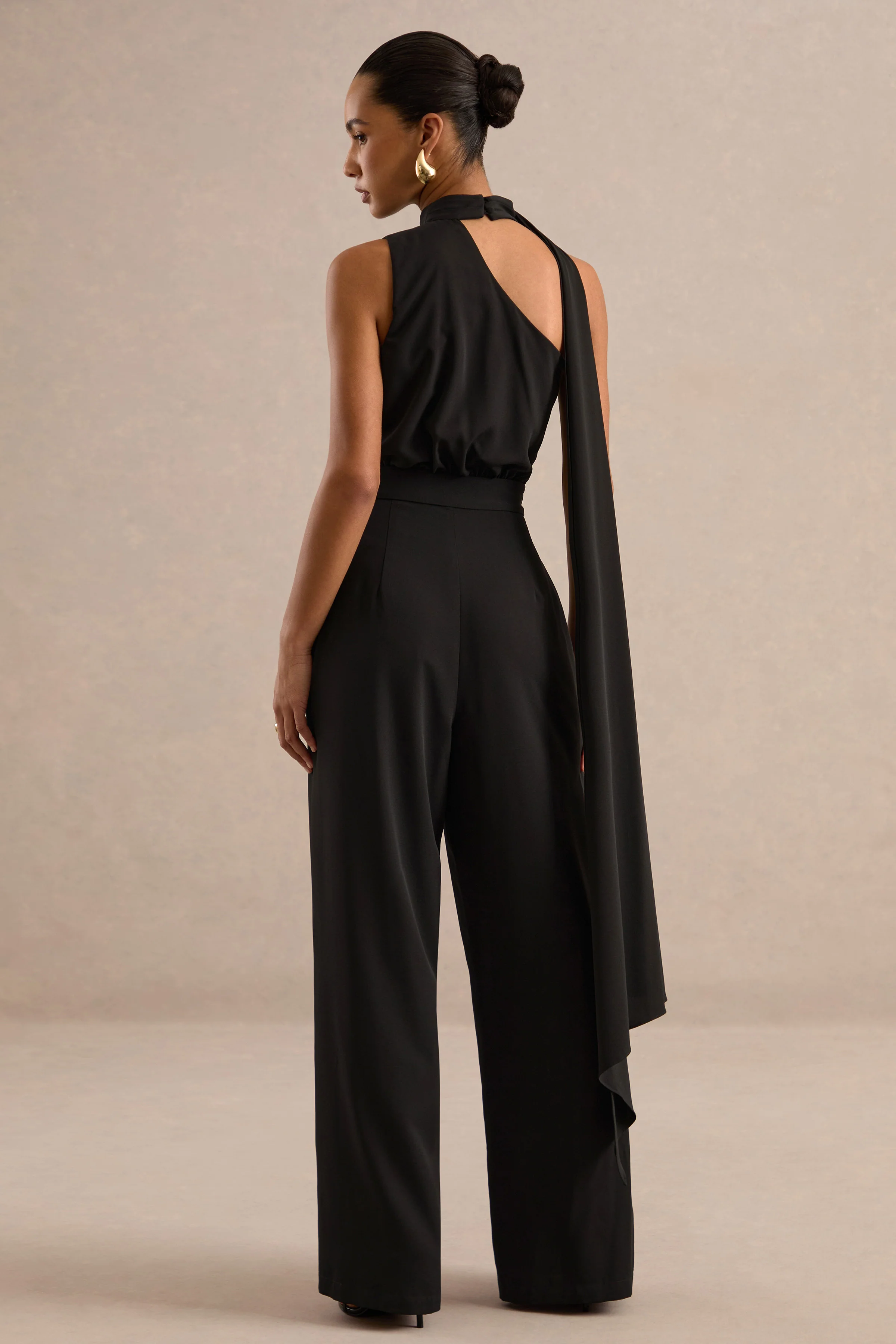Gliselle | Black One Shoulder Jumpsuit With Scarf Detail