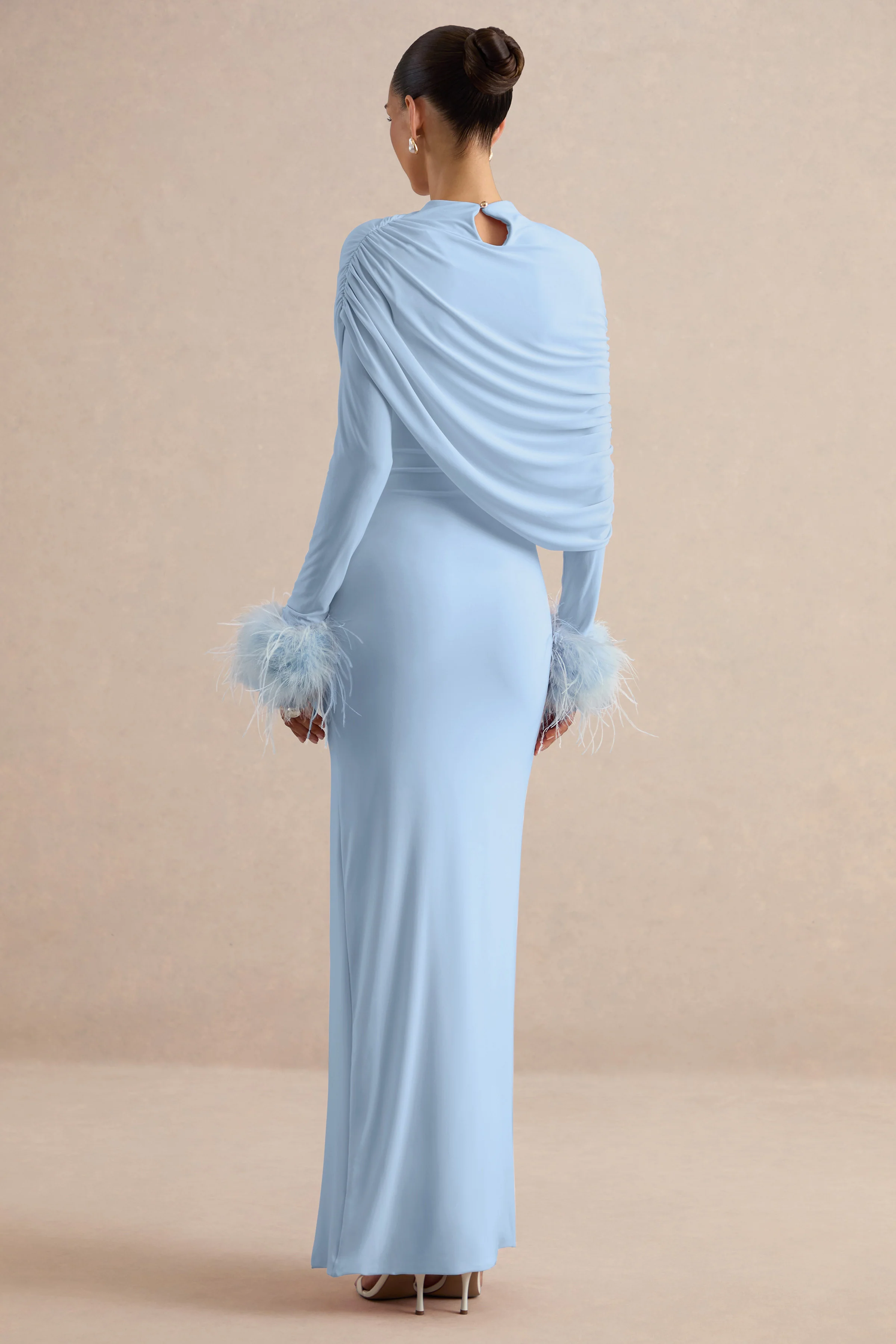 Gatsby | Light Blue High-Neck Maxi Dress With Feather Trim Cuffs