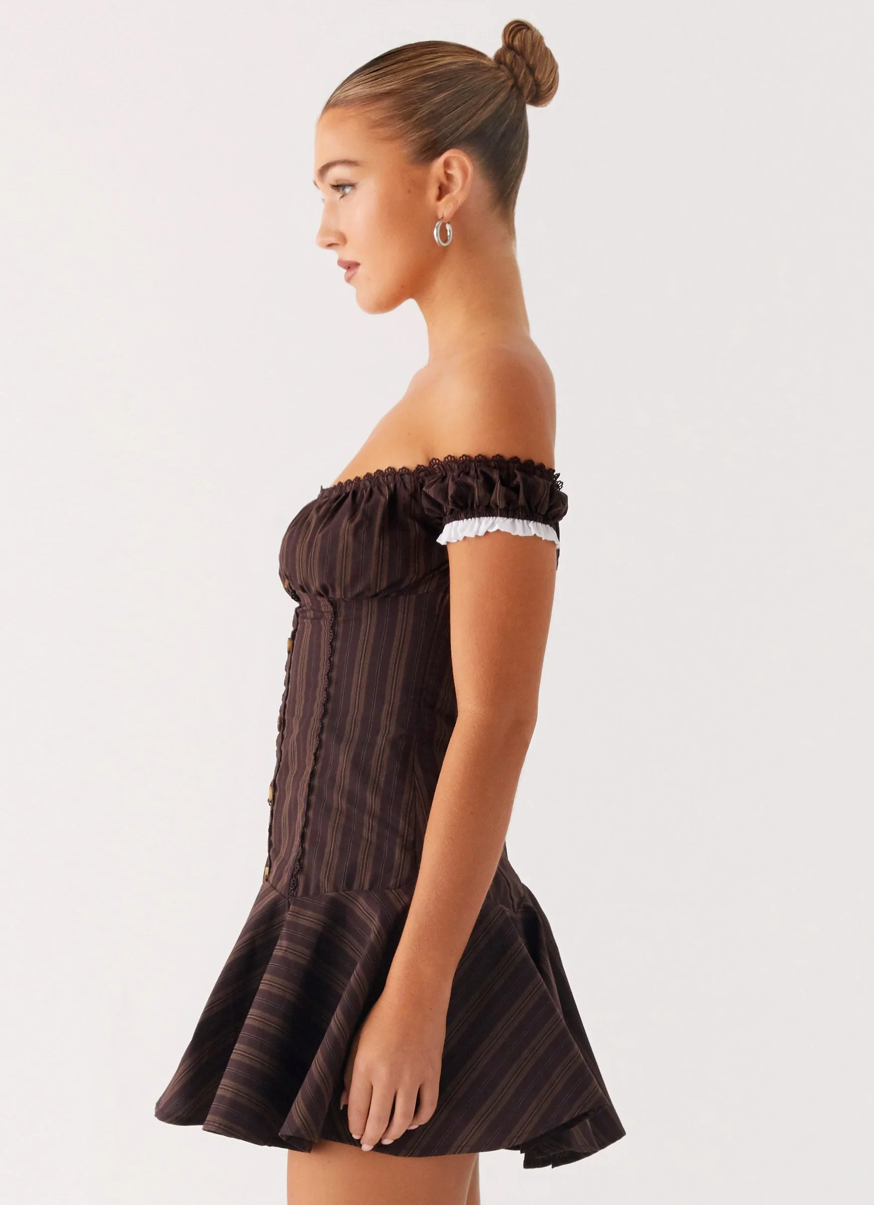 Jumana Off Shoulder Mini Dress - Toffee Stripe