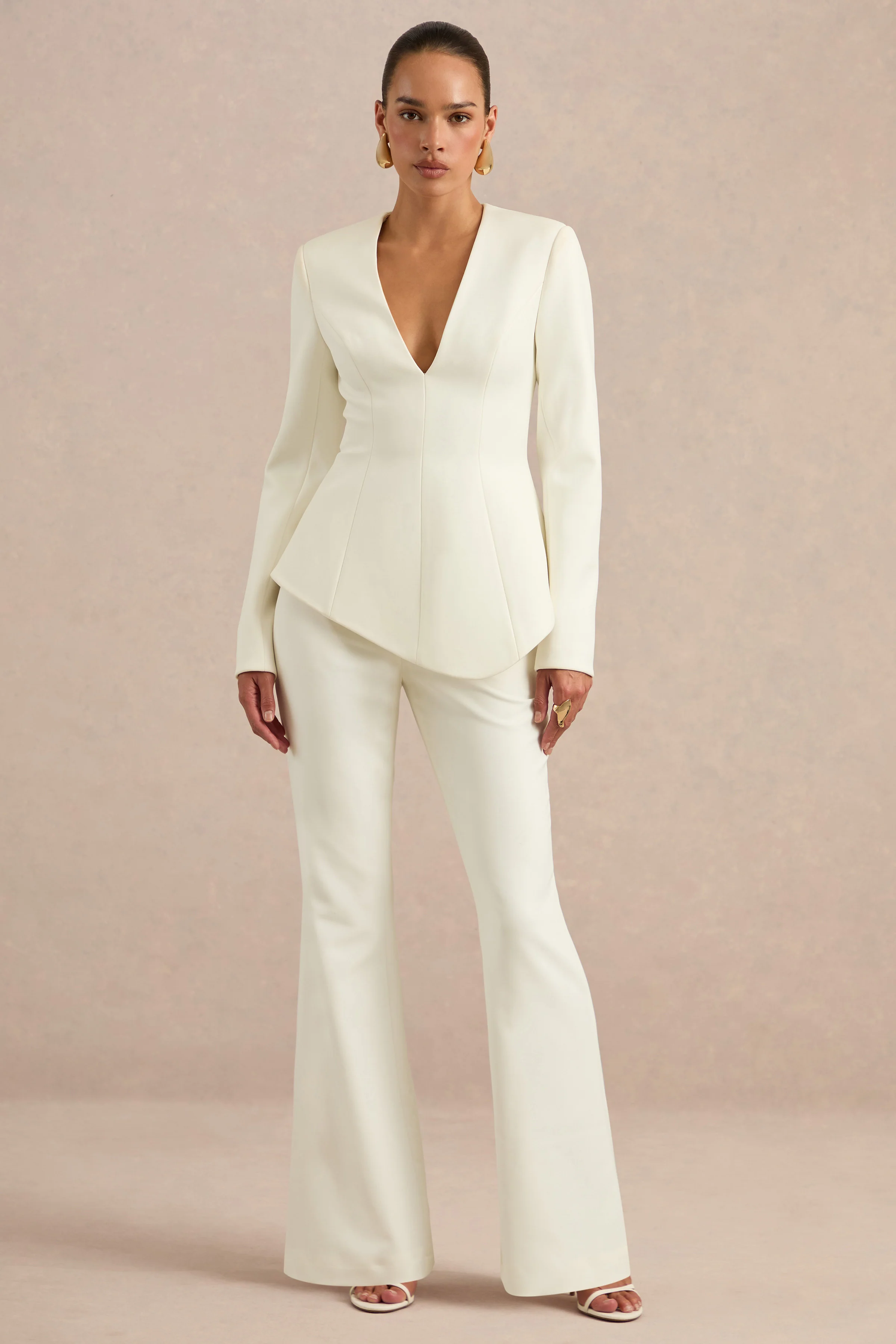Ysabel | Cream Low Rise Flared Trousers With Tailoring