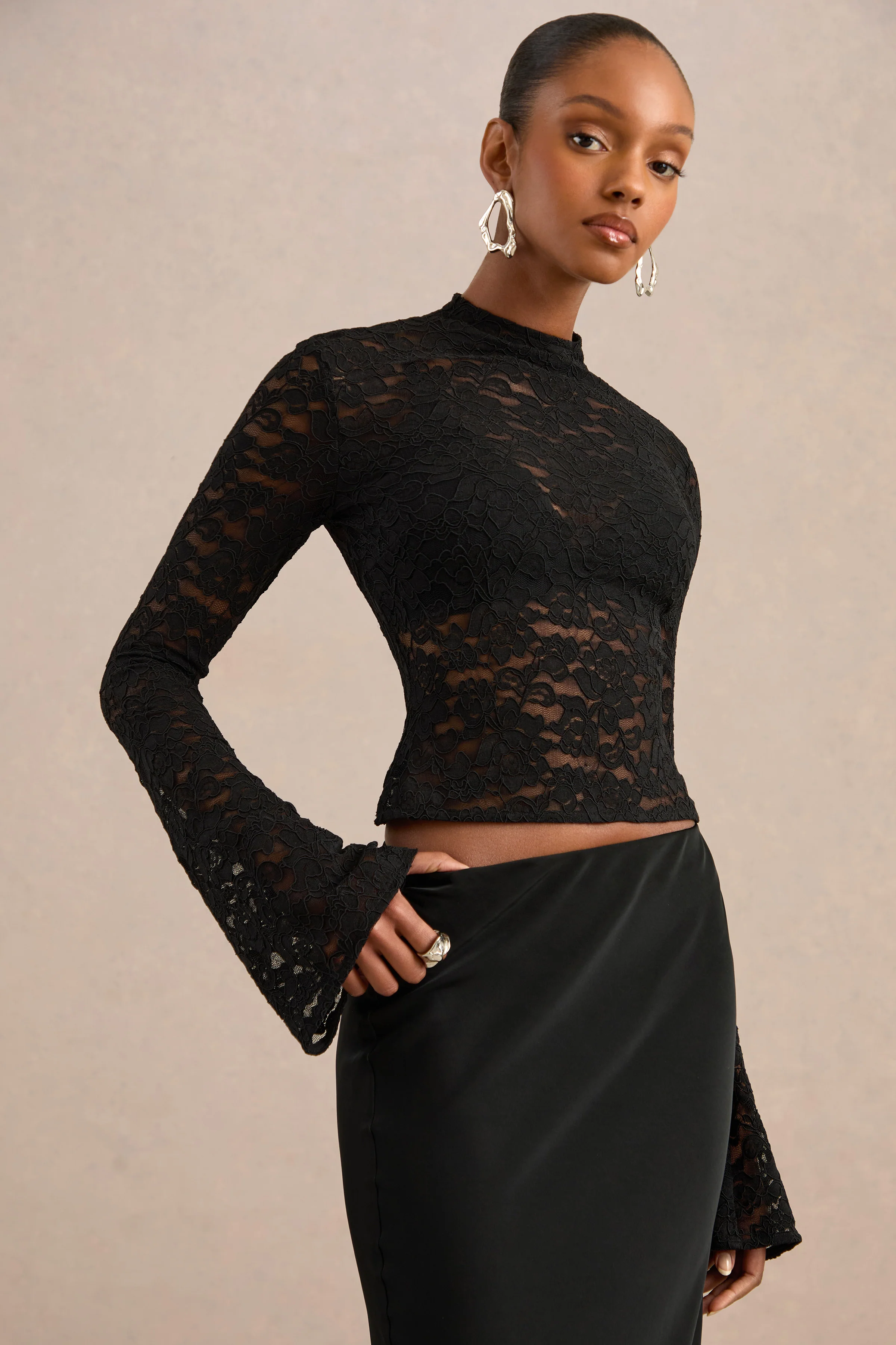 Maline | Black Lace High Neck Bell Sleeve Top With Sheer Detail