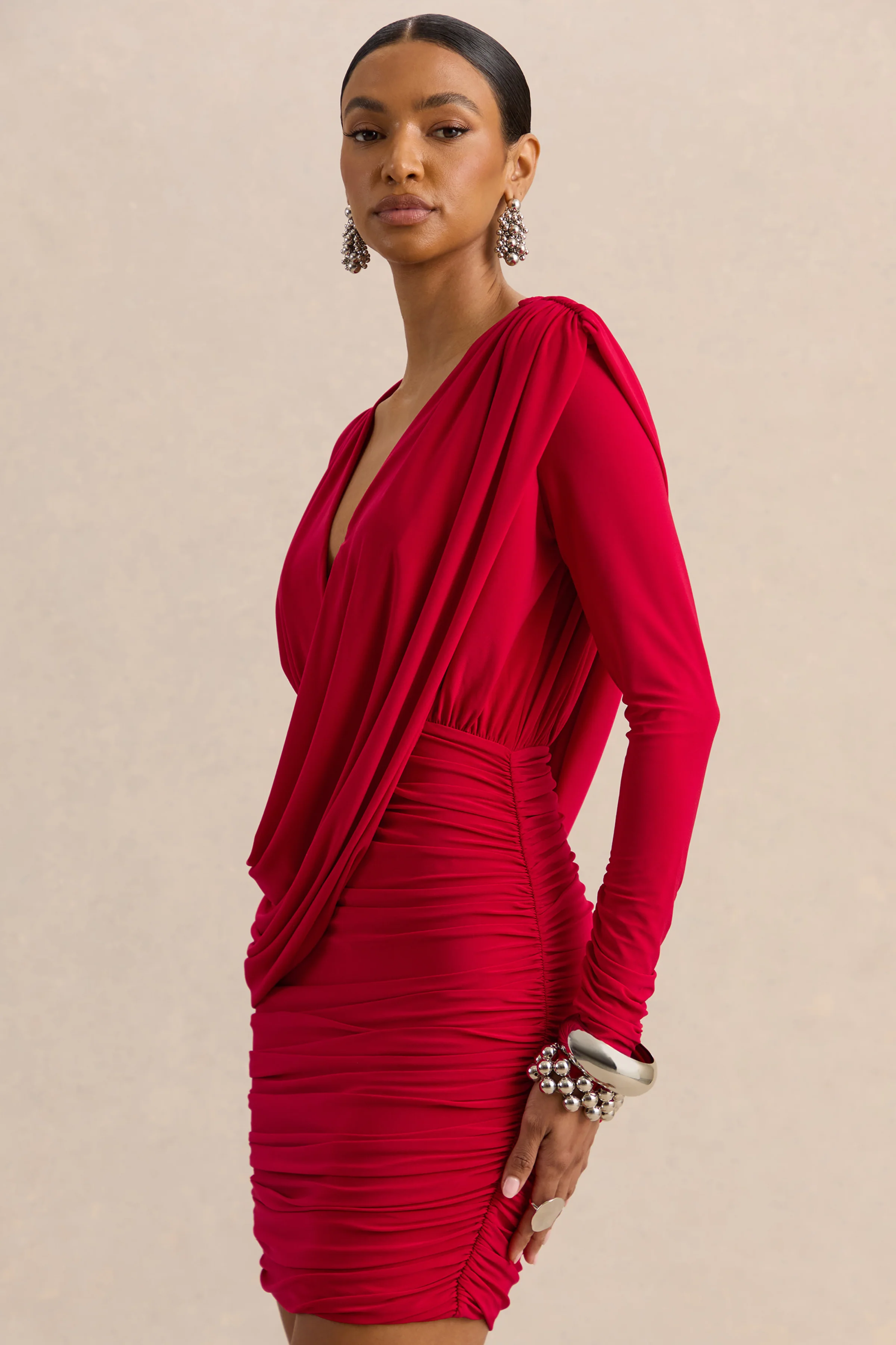 Ajana | Red Plunge-Neck Wrapped Mini Dress