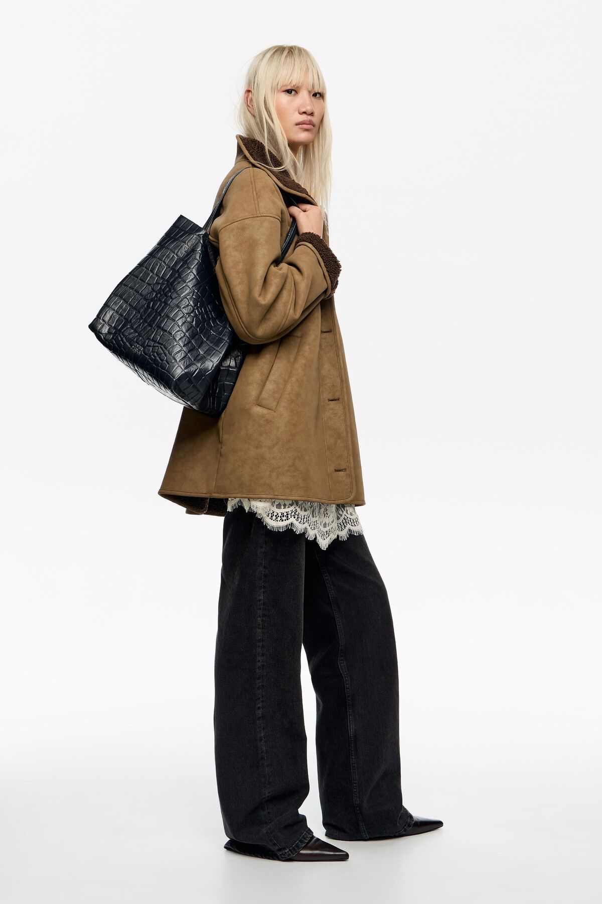 Large leather shopper bag in petrol blue crocodile embossed