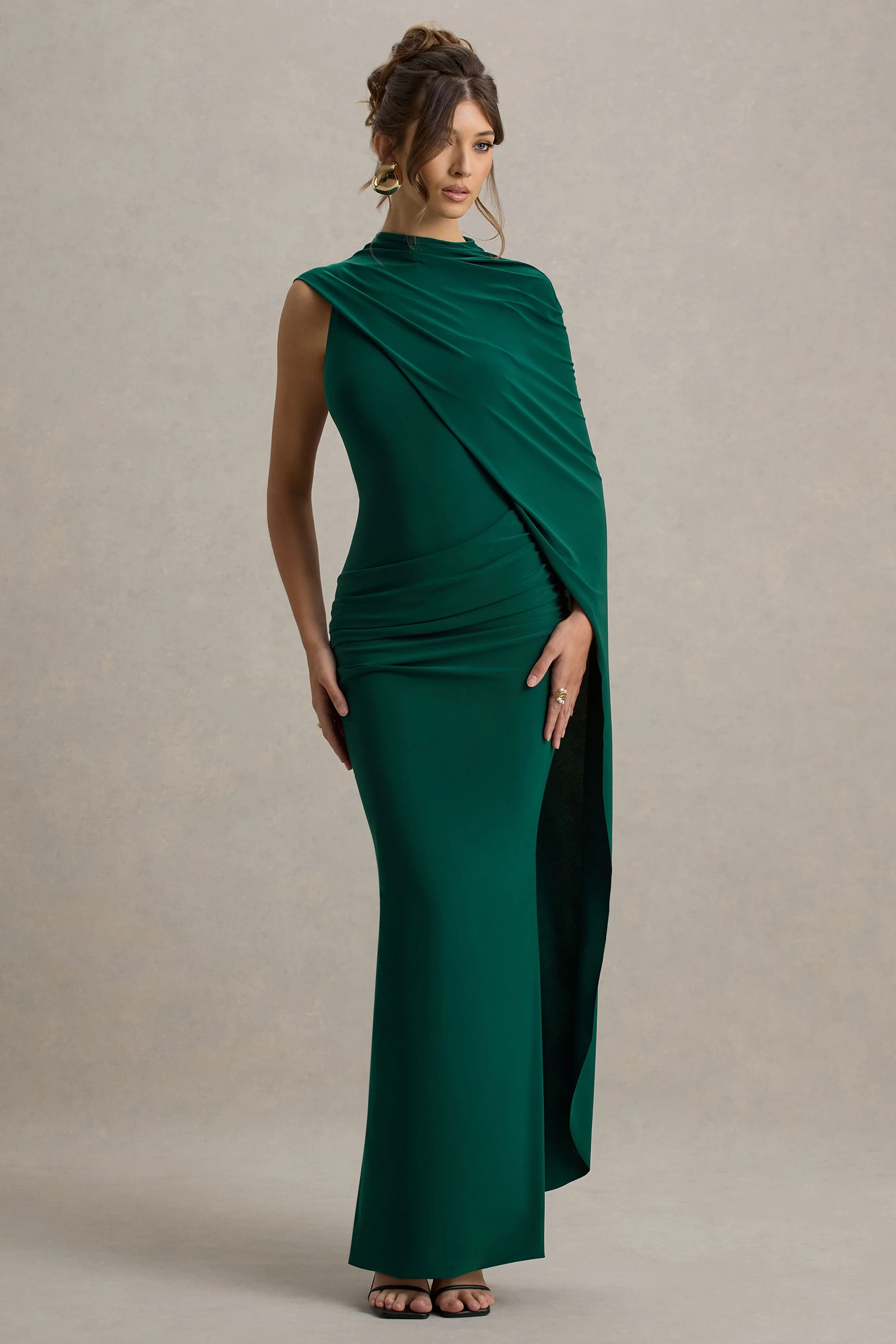 Maeve | Bottle Green Cape-Sleeve Draped Maxi Dress