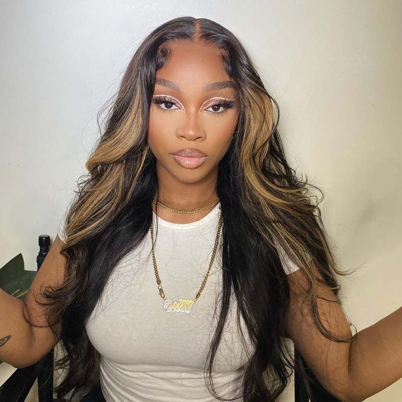 Ophirawig 13x4 Frontal Lace Auburn Highlights on Black Hair Body Wave Wig Invisible Knots Natural Hairline