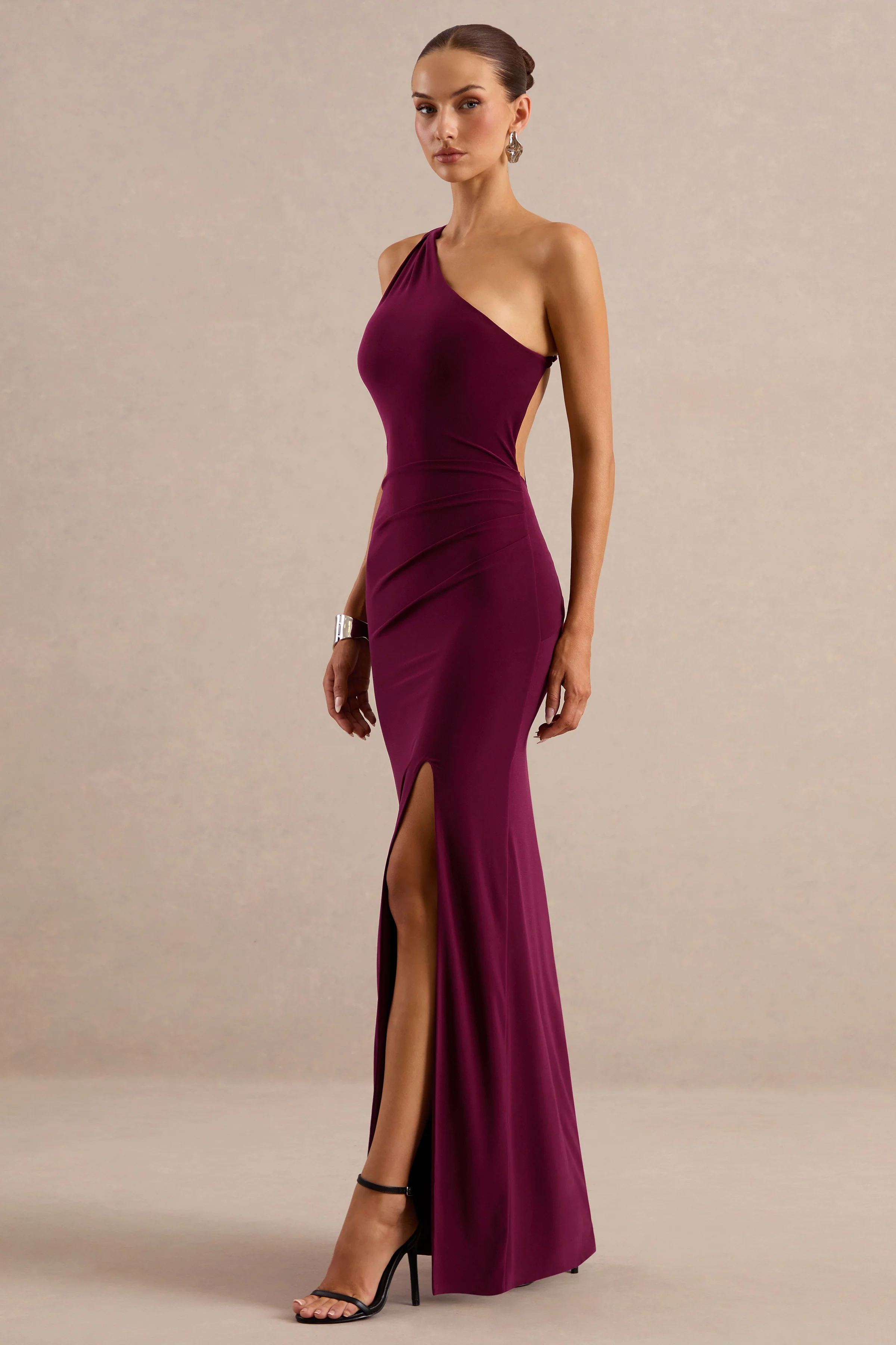 Dressing Up | Burgundy Jersey One Shoulder Maxi Dress With Twist Open Back Detail And Split