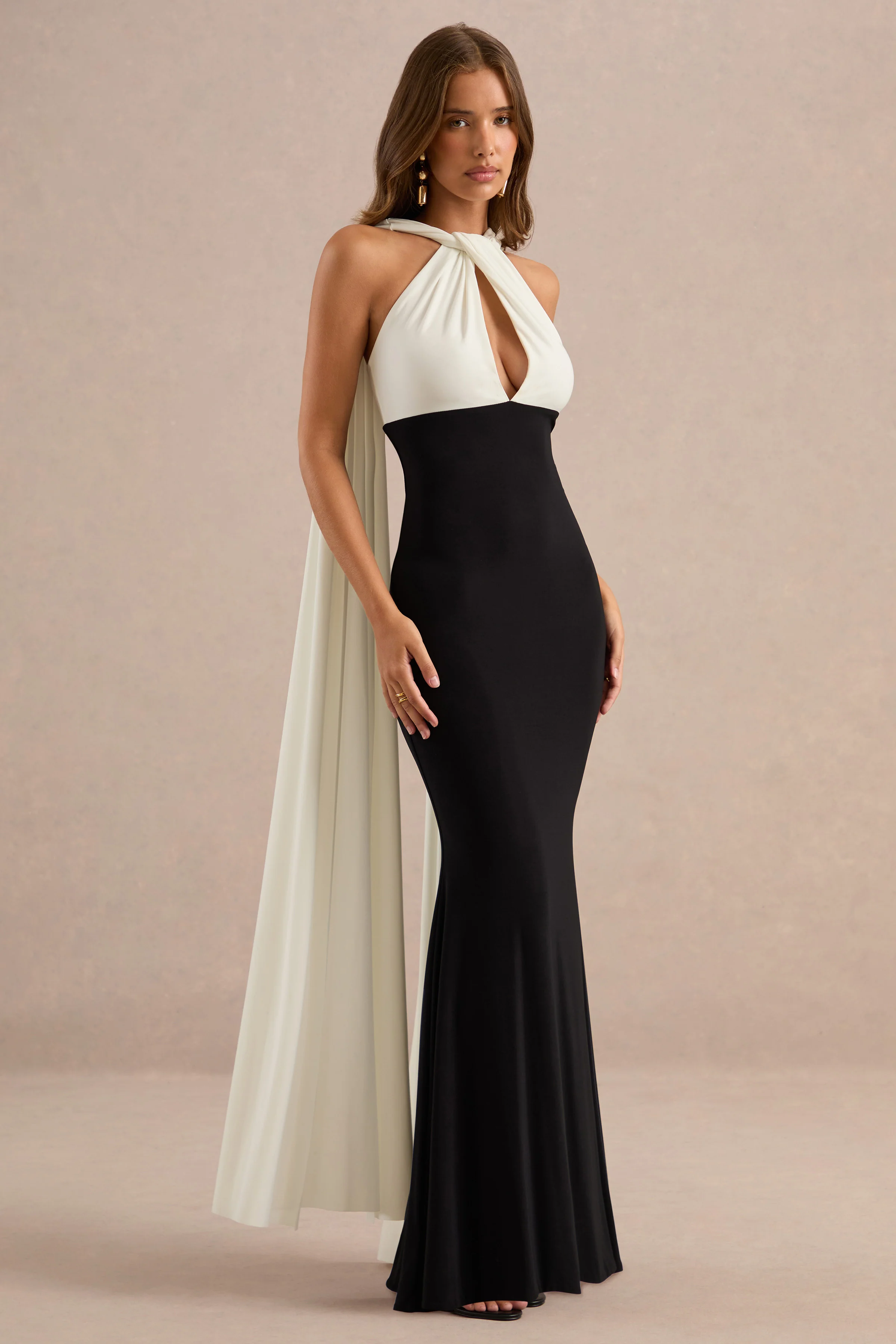 Cassina | Monochrome Jersey Twist Halter Maxi Dress With Back Cape And Chest Cut Out