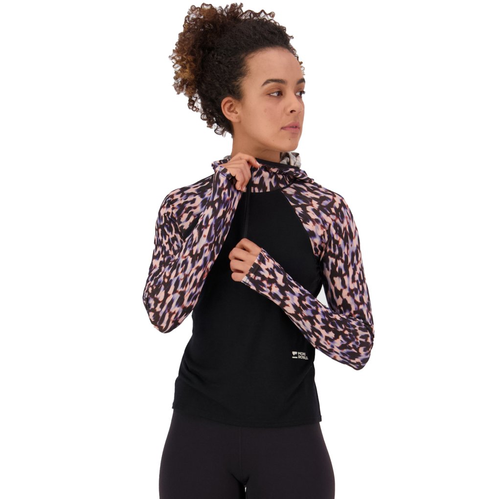 Mons Royale Bella Merino Long Sleeve Hood Women - rock leopard / black