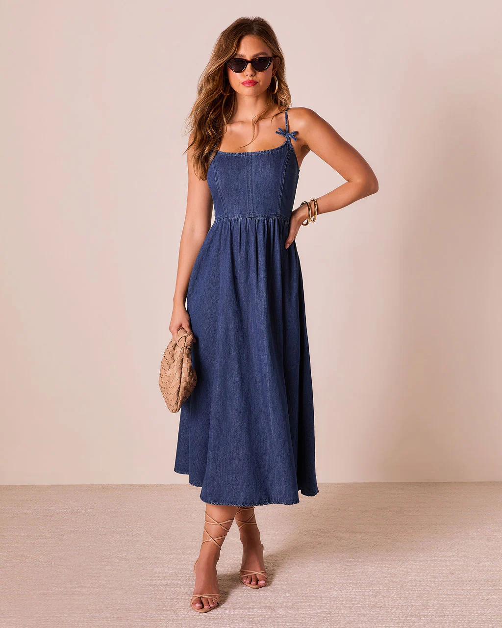 Tide To Me Bow Strap Midi Chambray Dress