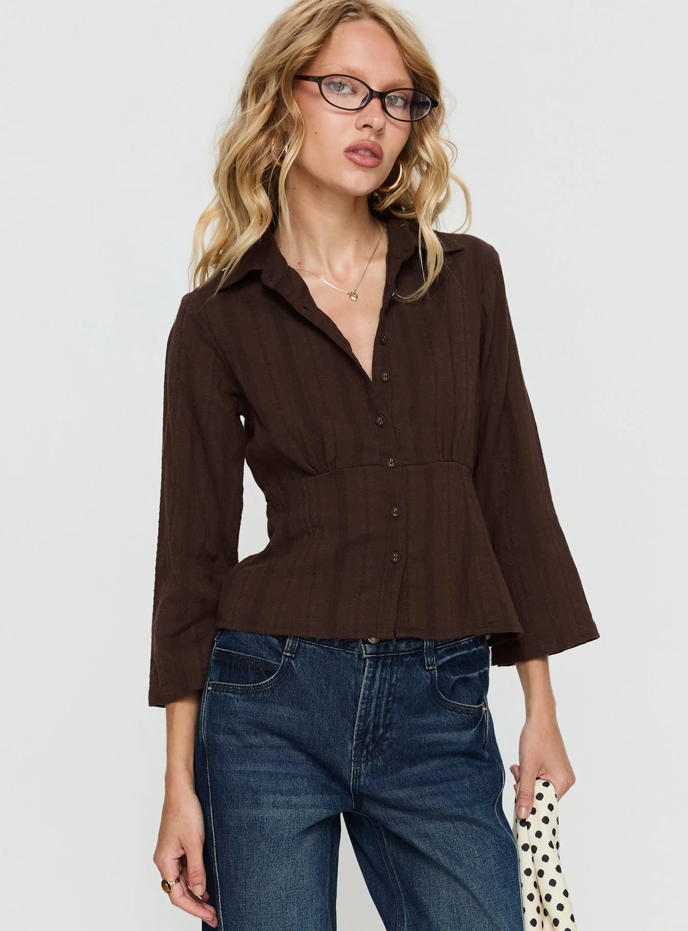 Taelynn 3/4 Sleeve Button Up Shirt Chocolate