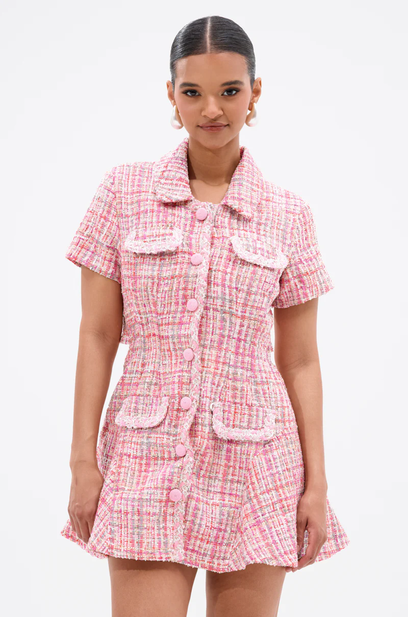 Take Notes Tweed Mini Dress In Pink