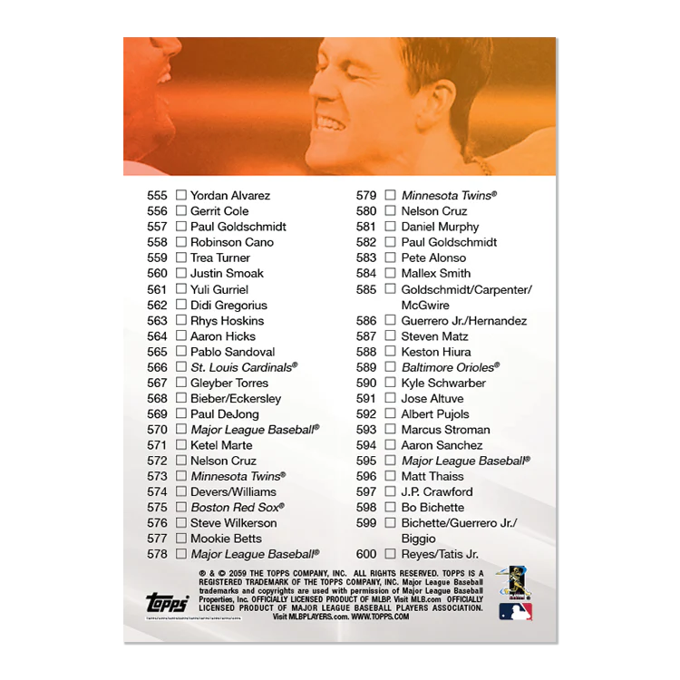 2019 Checklist Card Card 501- 600 - MLB TOPPS NOW® CHECK06 - Print Run: 387