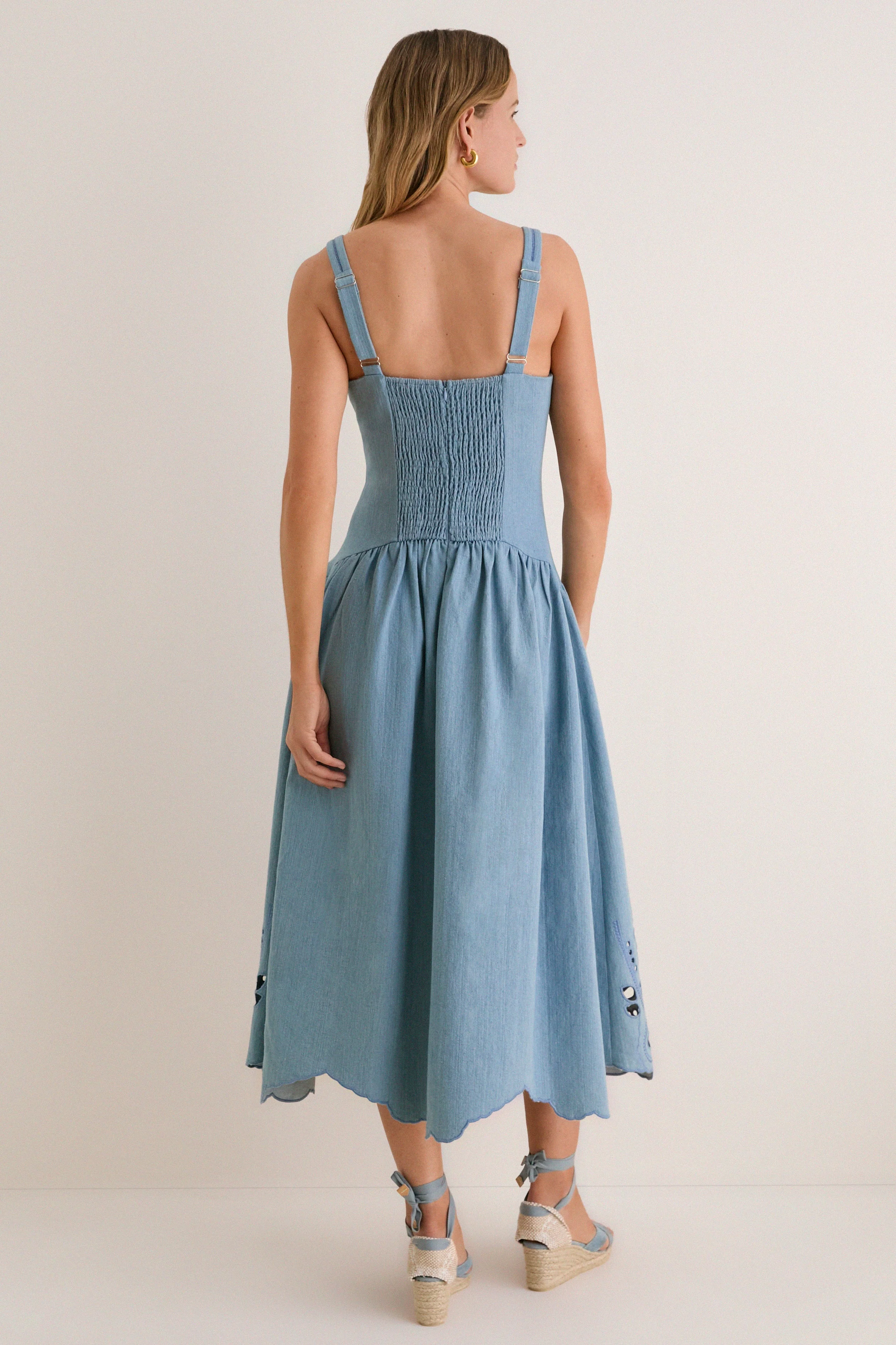 Light Blue V-Neck Eyelet Detail Midi Dress