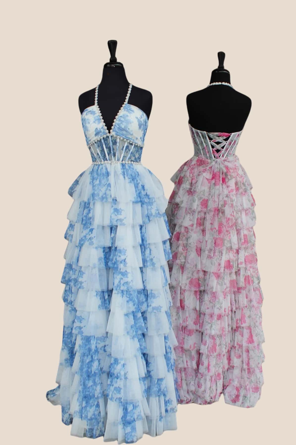 Halter Blue Floral Print Tiered Long Dress with Pearls