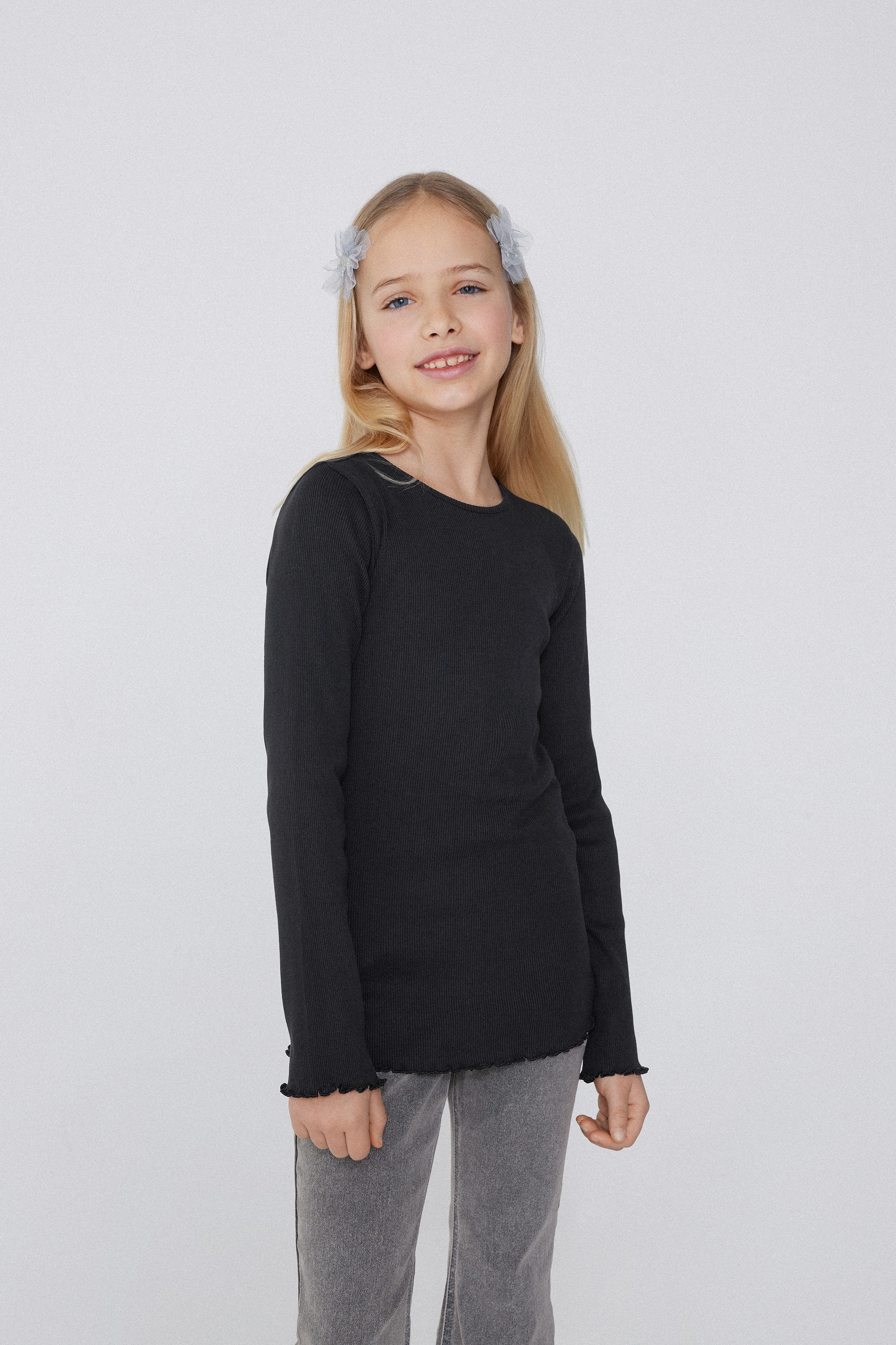 Girls’ Long Sleeve Ribbed Round-Neck Top with Rolled Hem