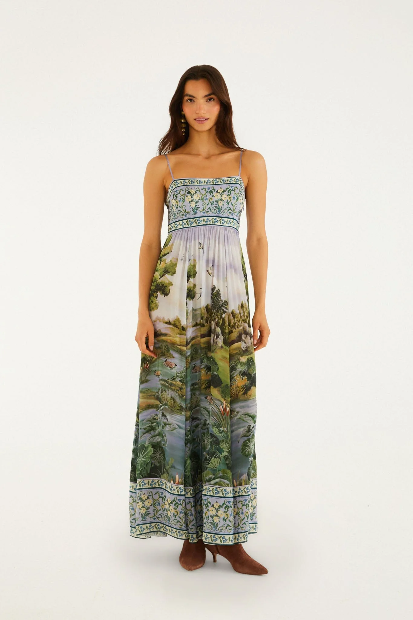 Multicolor Countryside Landscape Adjustable Straps Maxi Dress