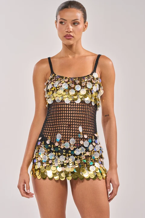 Resort Living Sequin Crochet Mini Dress