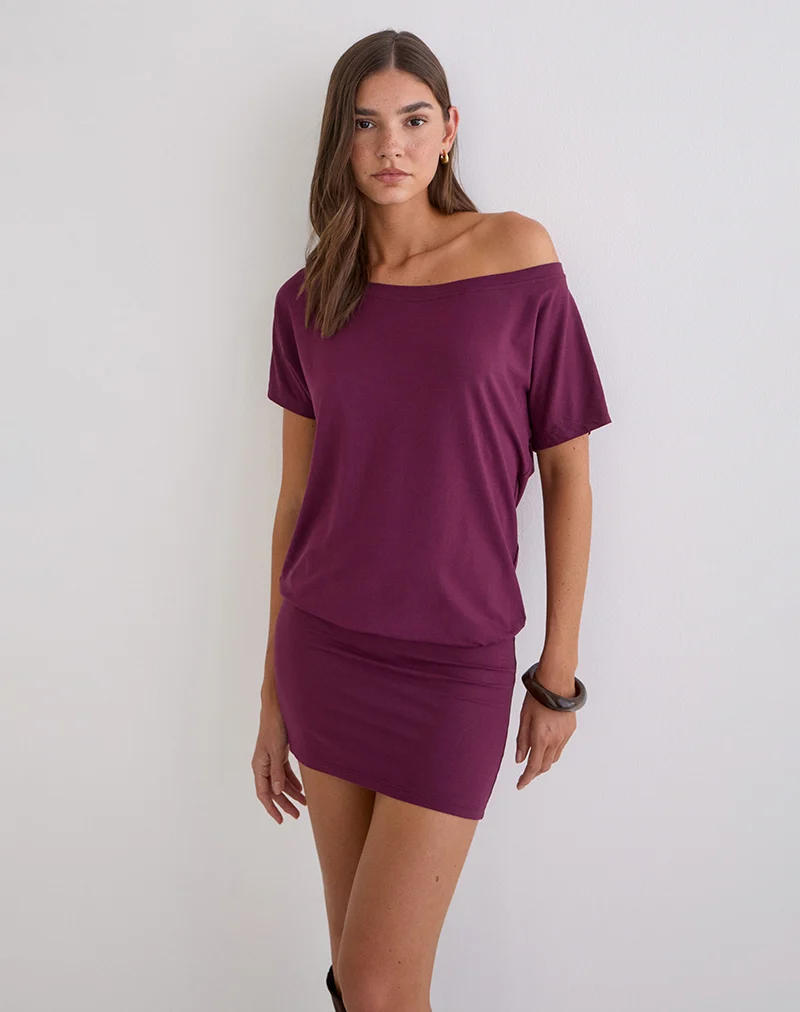 Edwina Off the Shoulder Mini Dress in Deep Purple