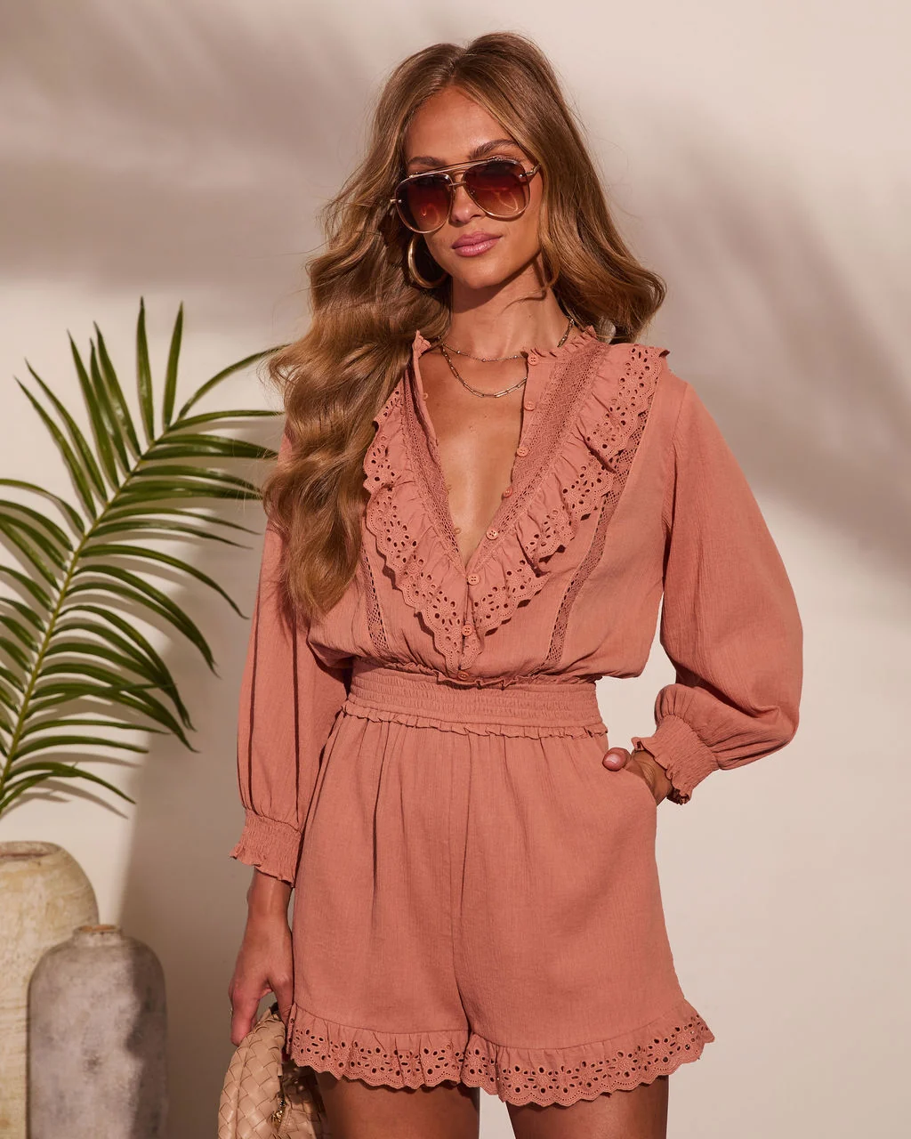 Soft Dusk Ruffle Cotton Eyelet Lace Trim Romper