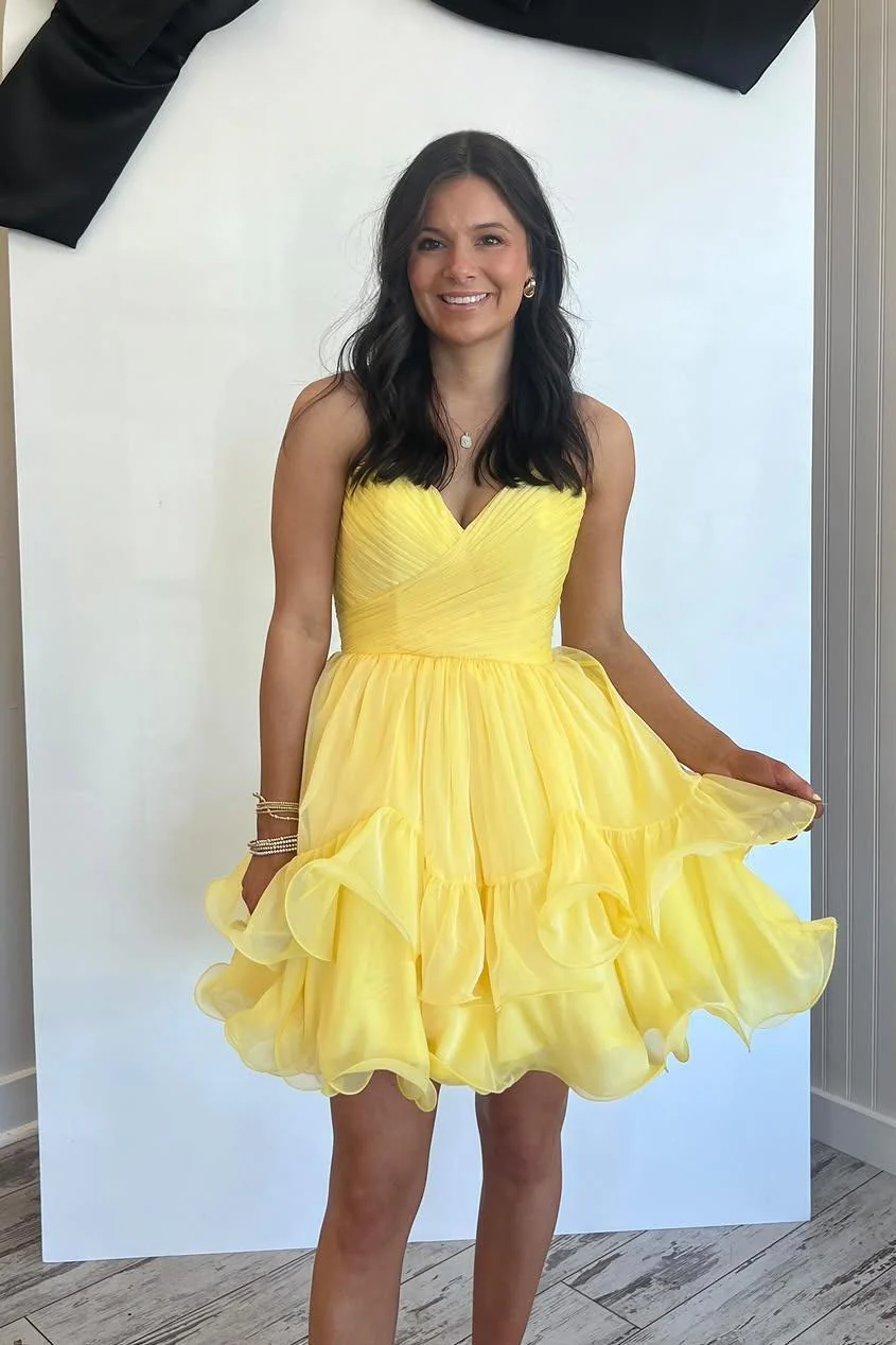 Royal Blue Ruched Chiffon A-line Short Ruffle Dress