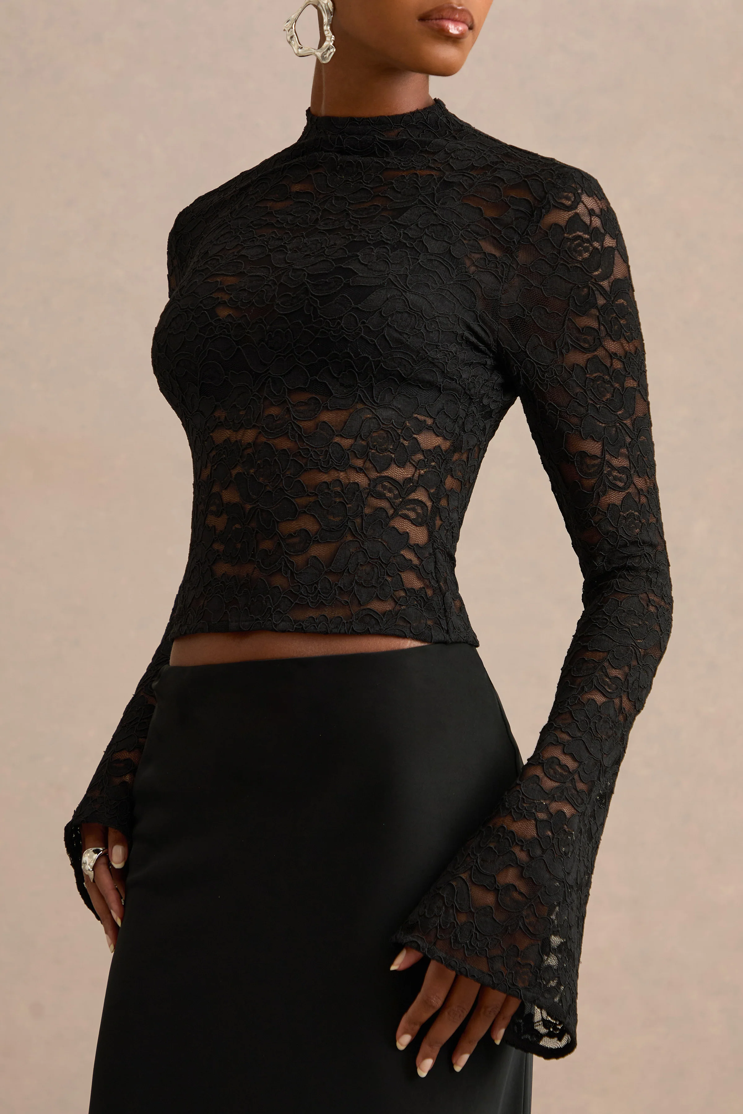 Maline | Black Lace High Neck Bell Sleeve Top With Sheer Detail