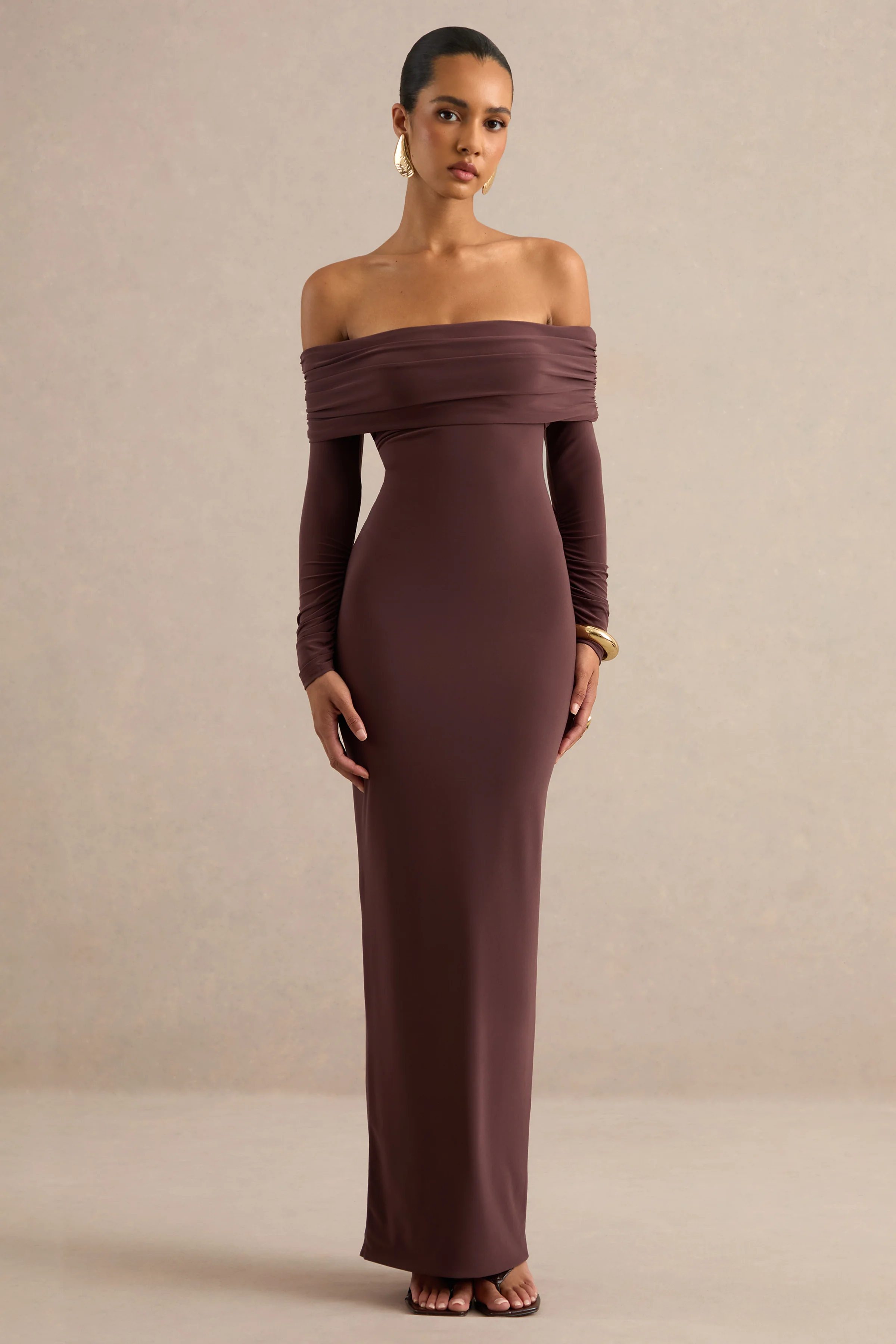 Keirae | Dark Brown Jersey Ruched Bardot Long Sleeve Maxi Dress With Tie Back And Back Split