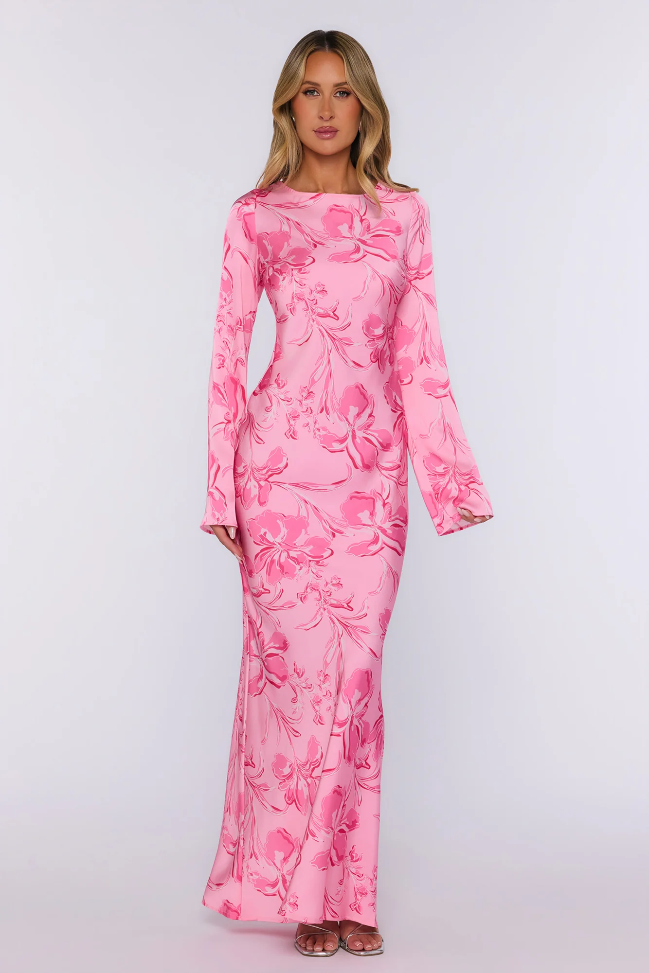 Sweet Clover Long Sleeve Satin Maxi Dress Pink