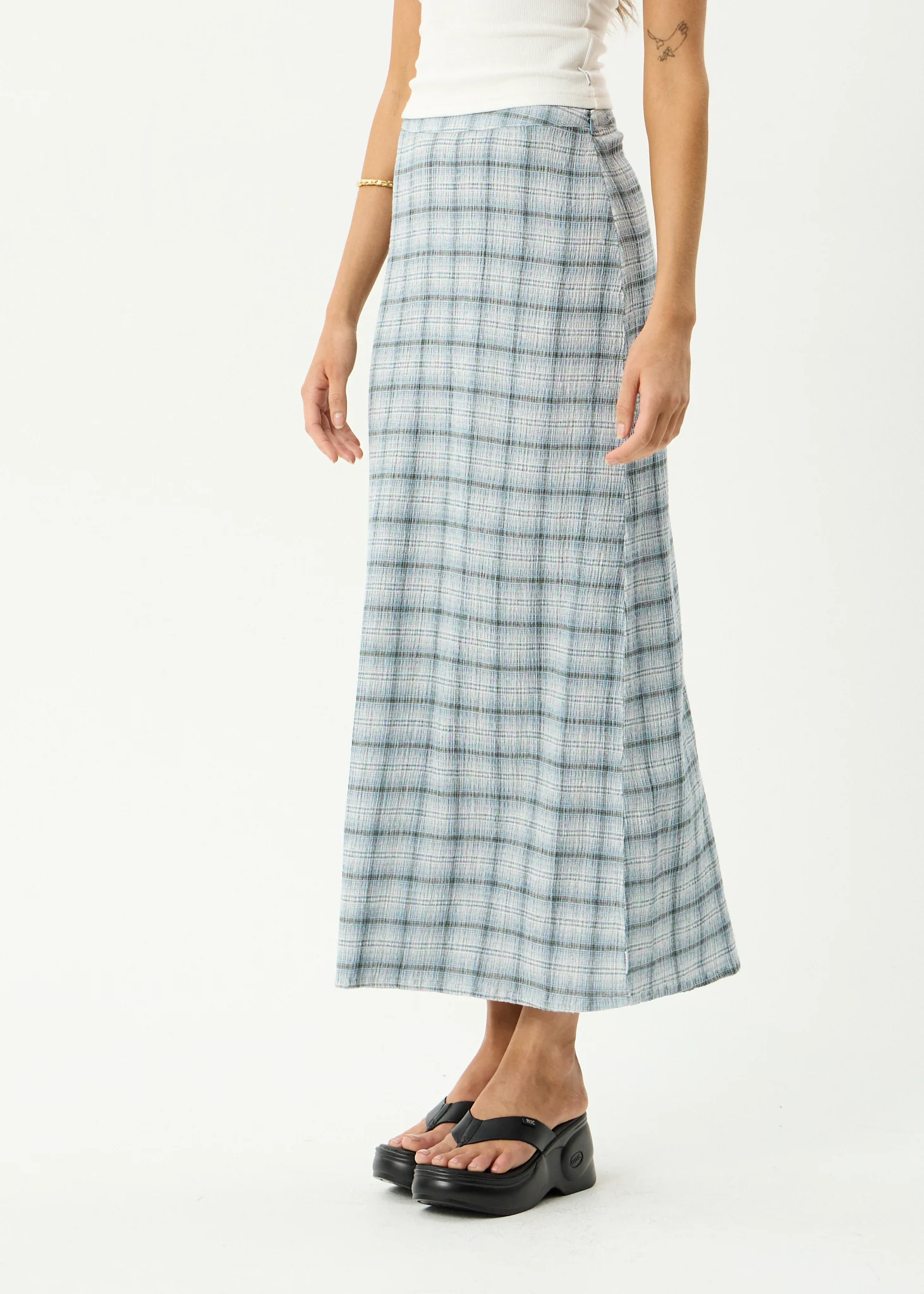 AFENDS Womens Lita - Seersucker Maxi Skirt - Lagoon Overcast Check