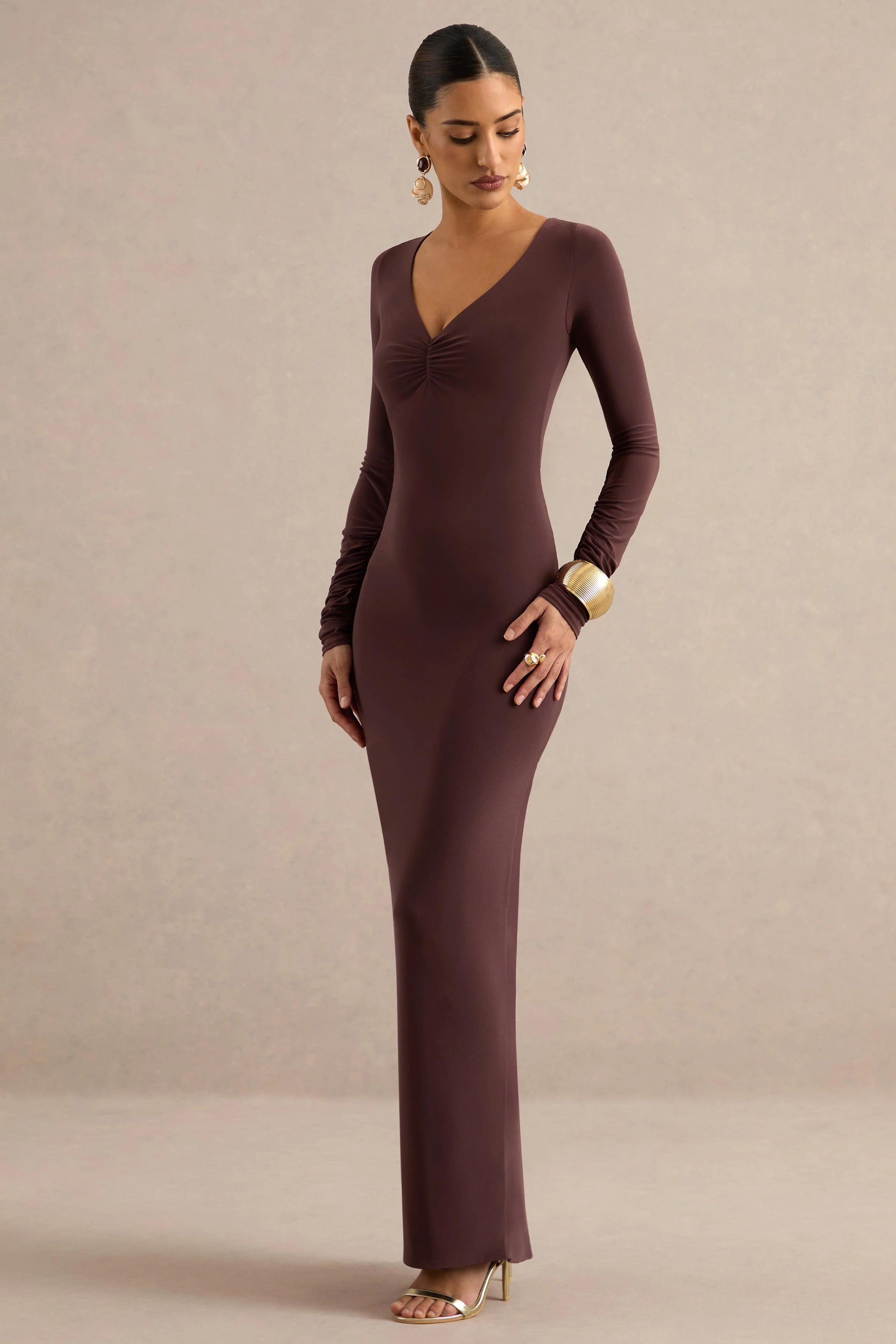 Lucina | Dark Brown Jersey Ruched V Neck Long Sleeve Maxi Dress With Tie Back And Back Split