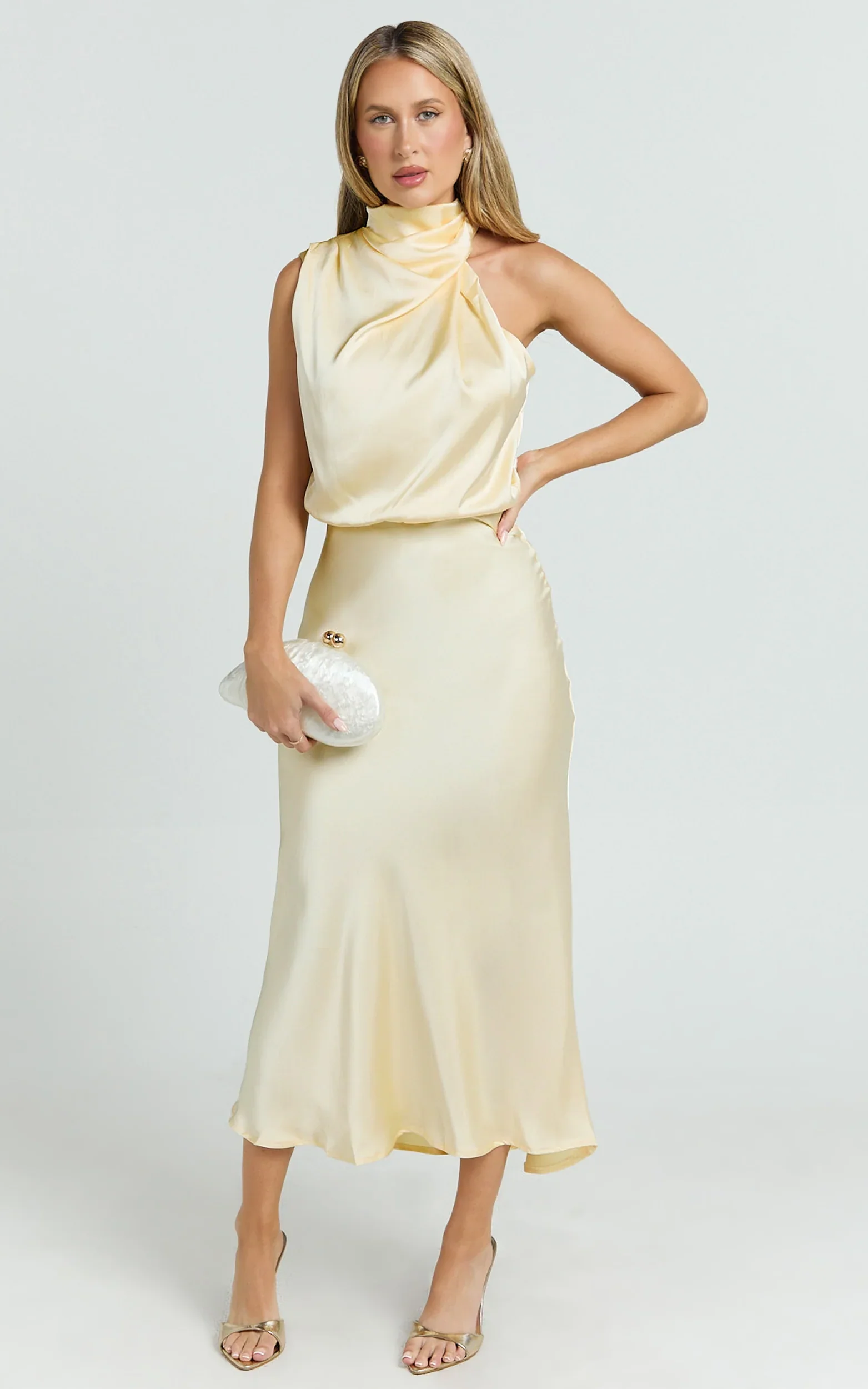 Minnie Midi Dress - Drape Neck Satin Slip Dress in Butter Yellow