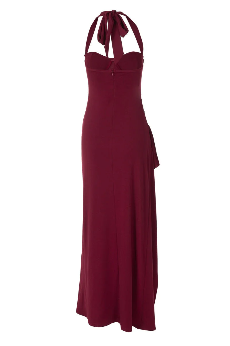 Burgundy Halter Frill Slit Long Dress