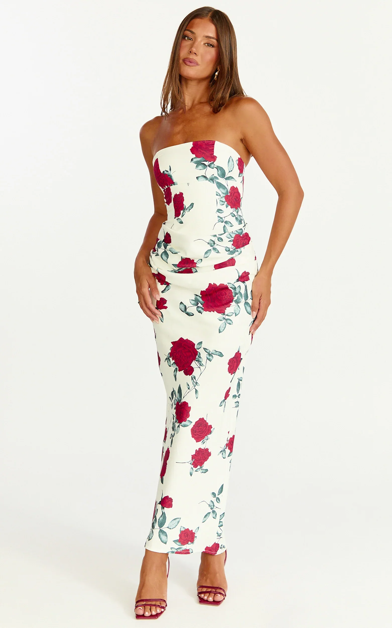 Dahlia Midi Dress - Strapless Draped Cowl Waist Fitted Dress in Scarlet Rose Print