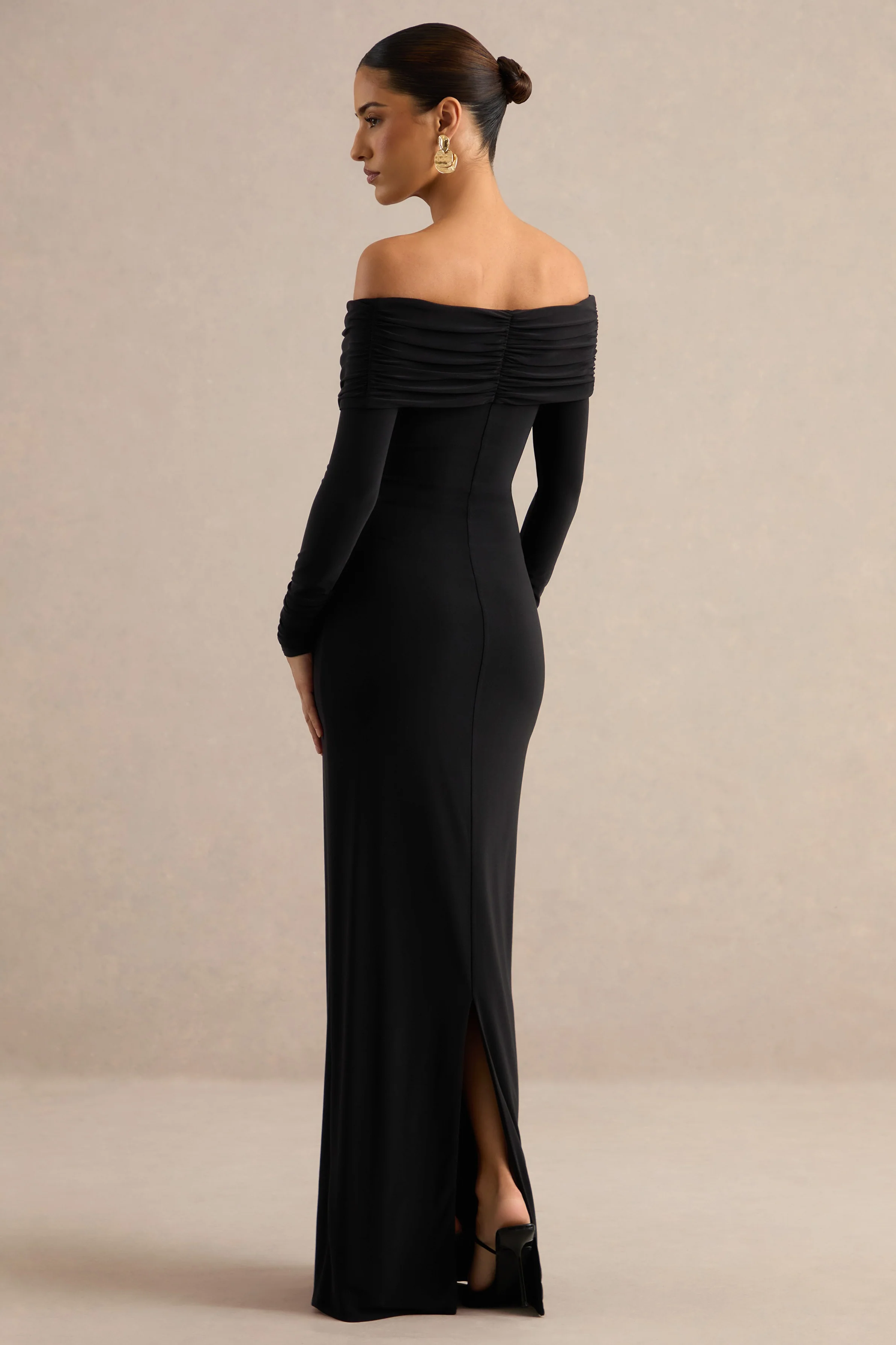 Kylara | Black Jersey Bardot Long Sleeve Maxi Dress With Ruching