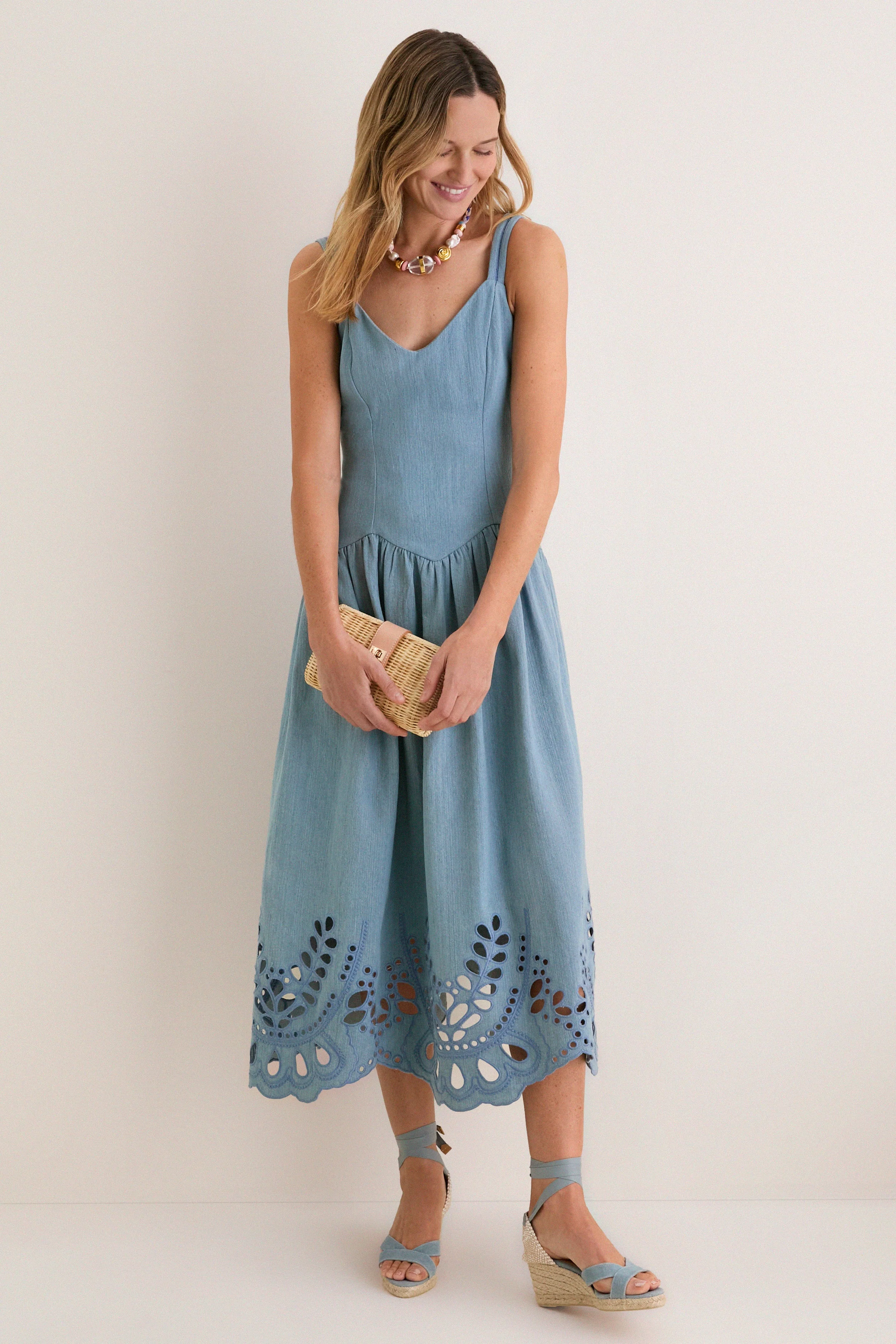 Light Blue V-Neck Eyelet Detail Midi Dress