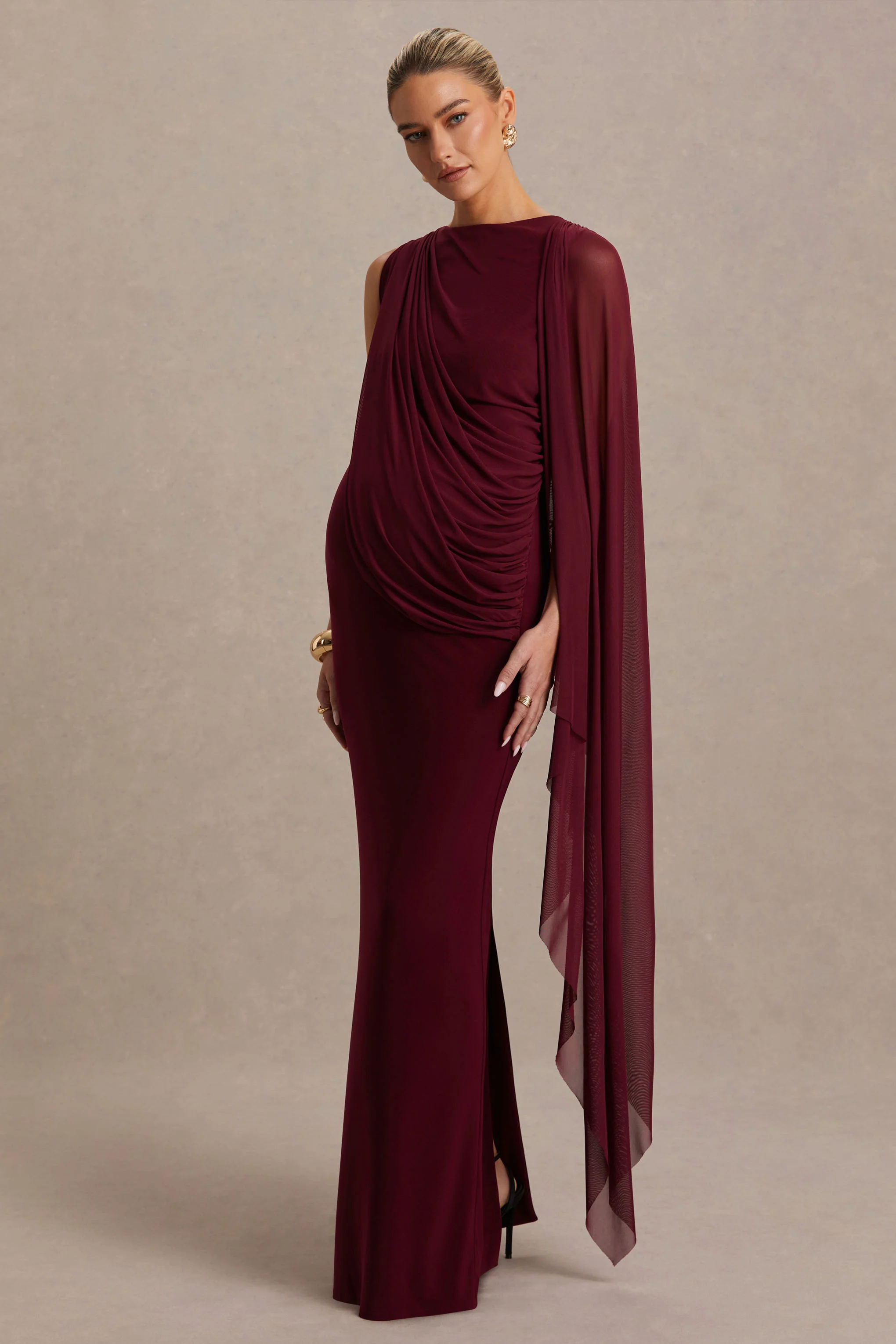 Cristina | Burgundy Slashed-Neck Maternity Maxi Dress With Cape-Sleeve