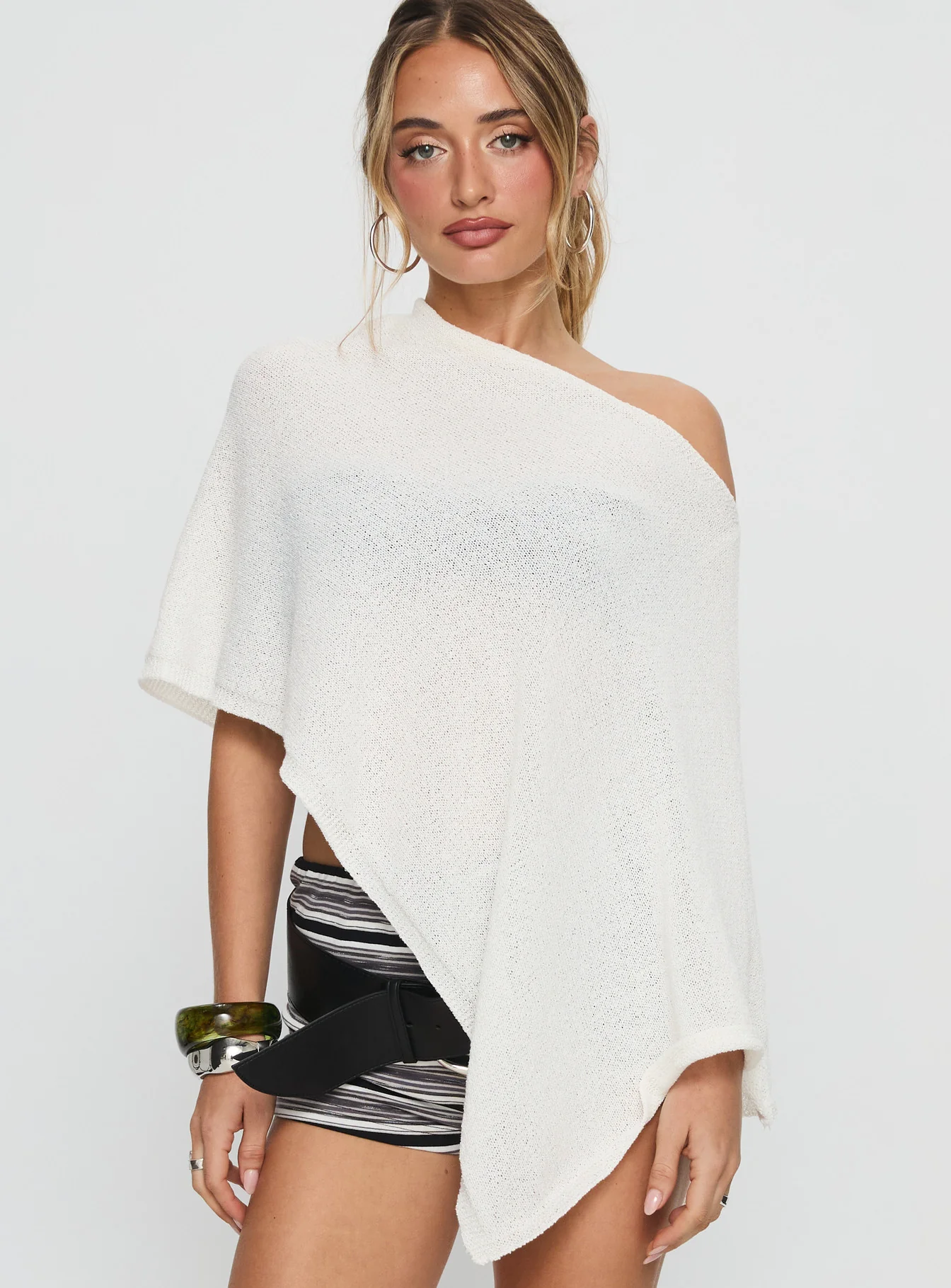 Rouse Off Shoulder Knit Poncho White