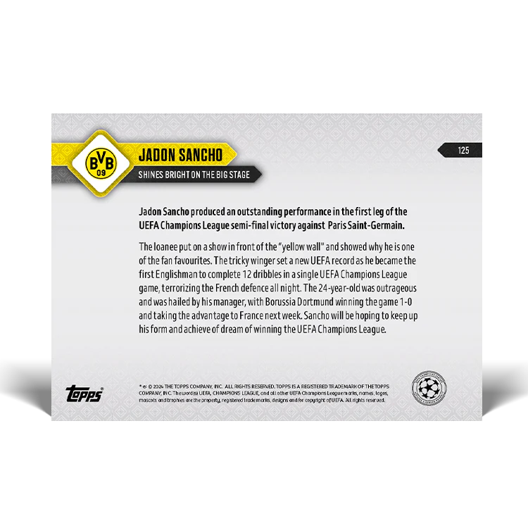 Jadon Sancho - Shines bright on the big stage - 23/24 UCL TOPPS NOW® Card 125