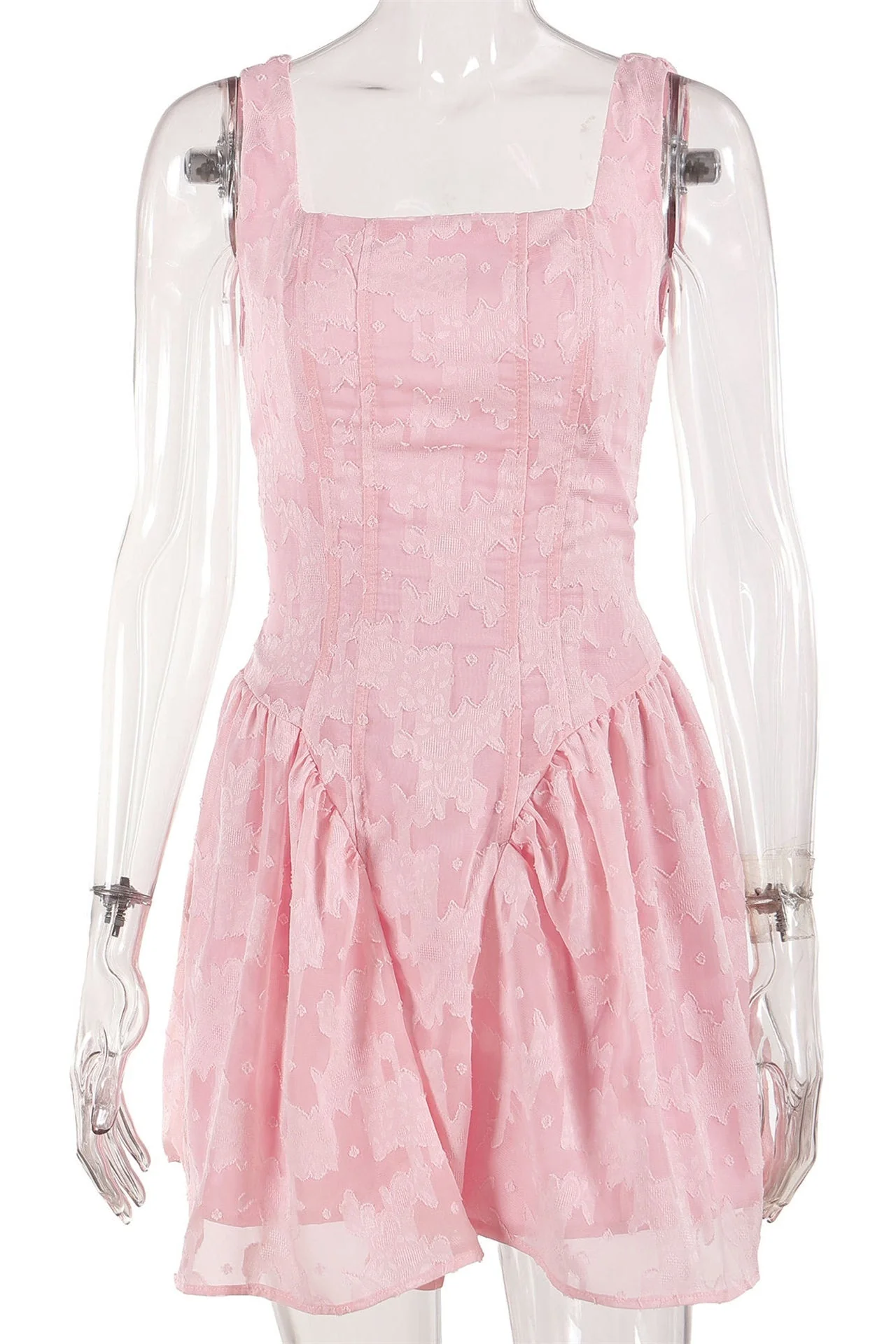Square Neck Pink Lace A-line Short Dress