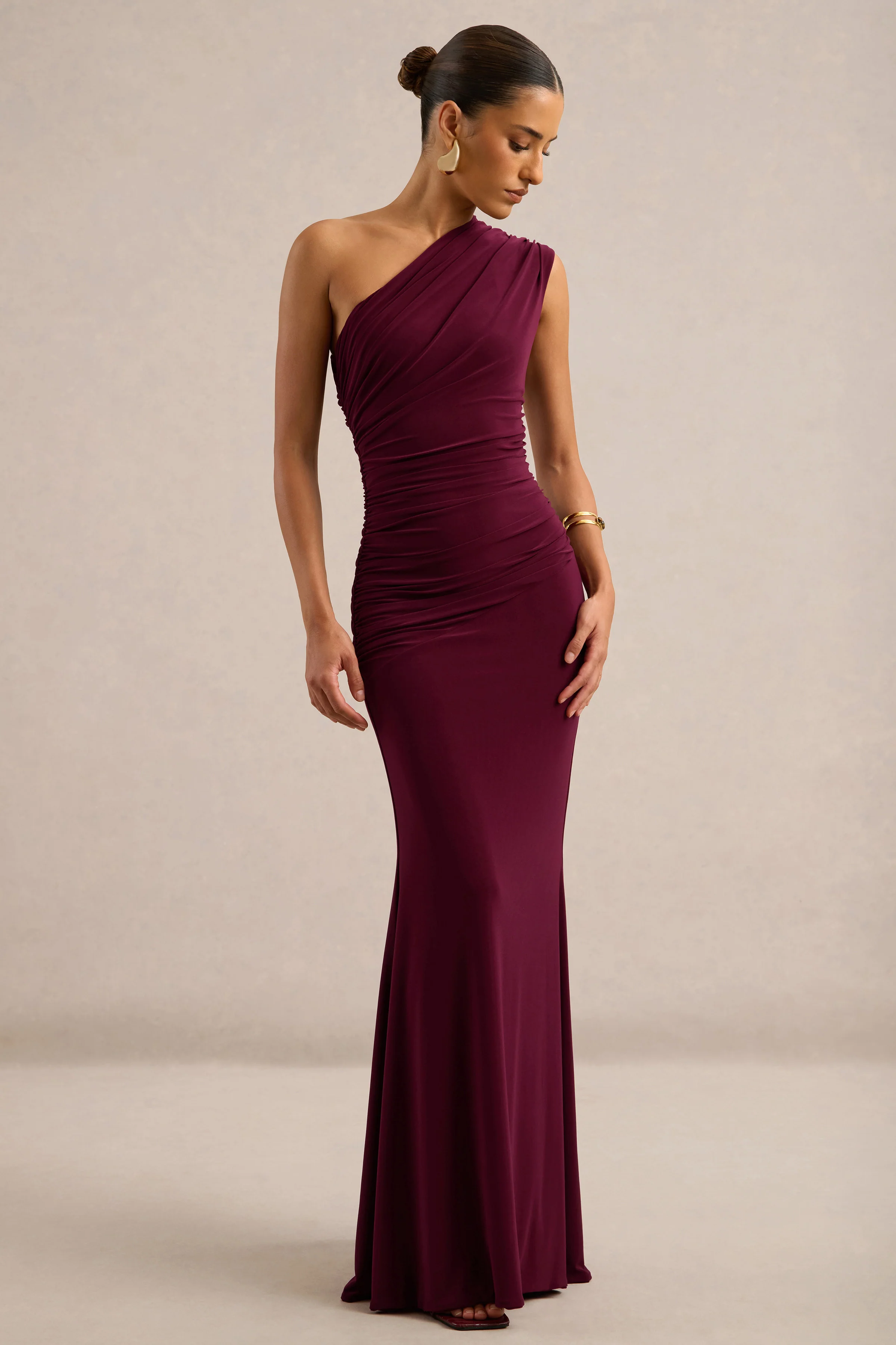 Mardi | Burgundy Asymmetric Maxi Dress With Ruching