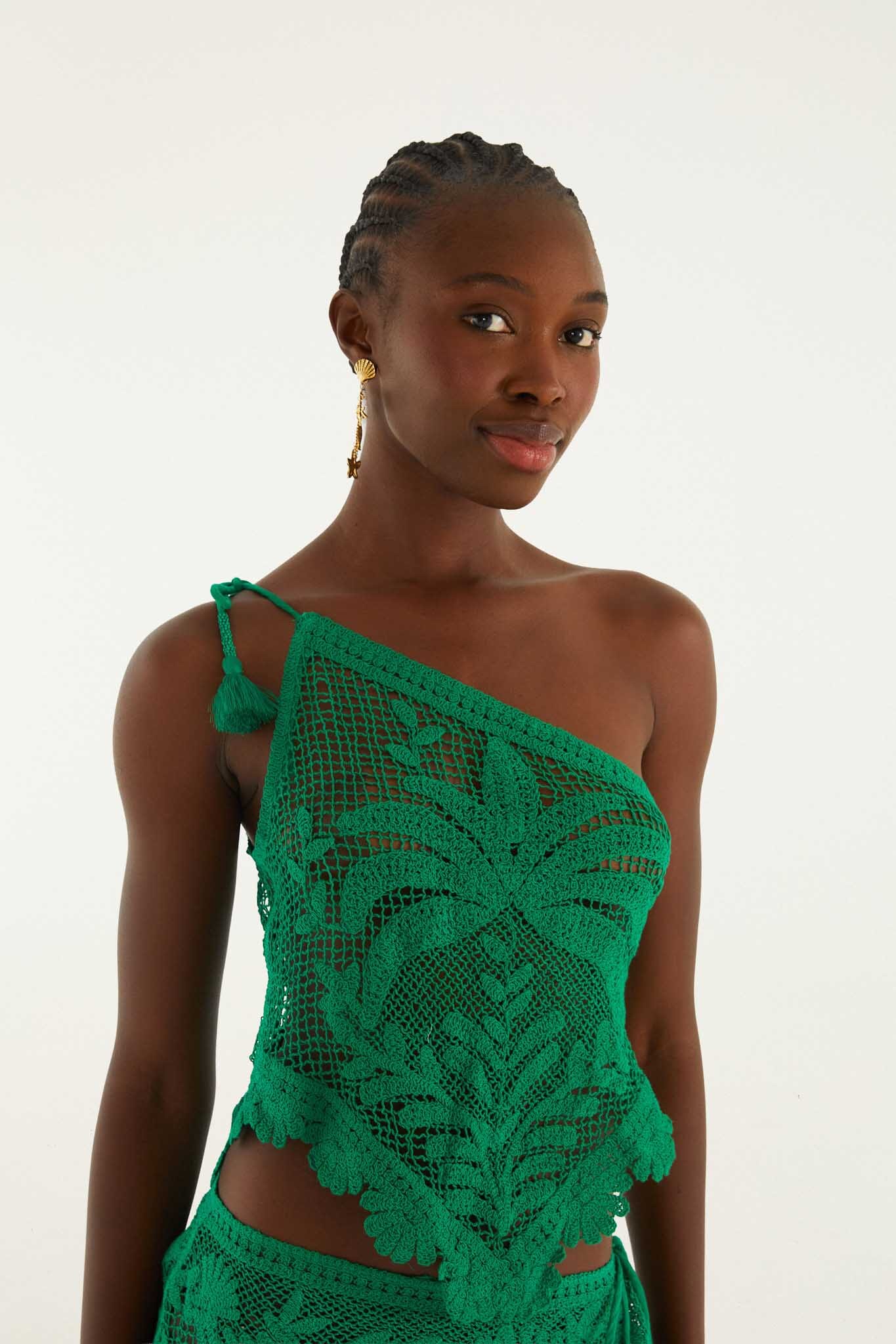 Green One-Shoulder Sheer Blouse