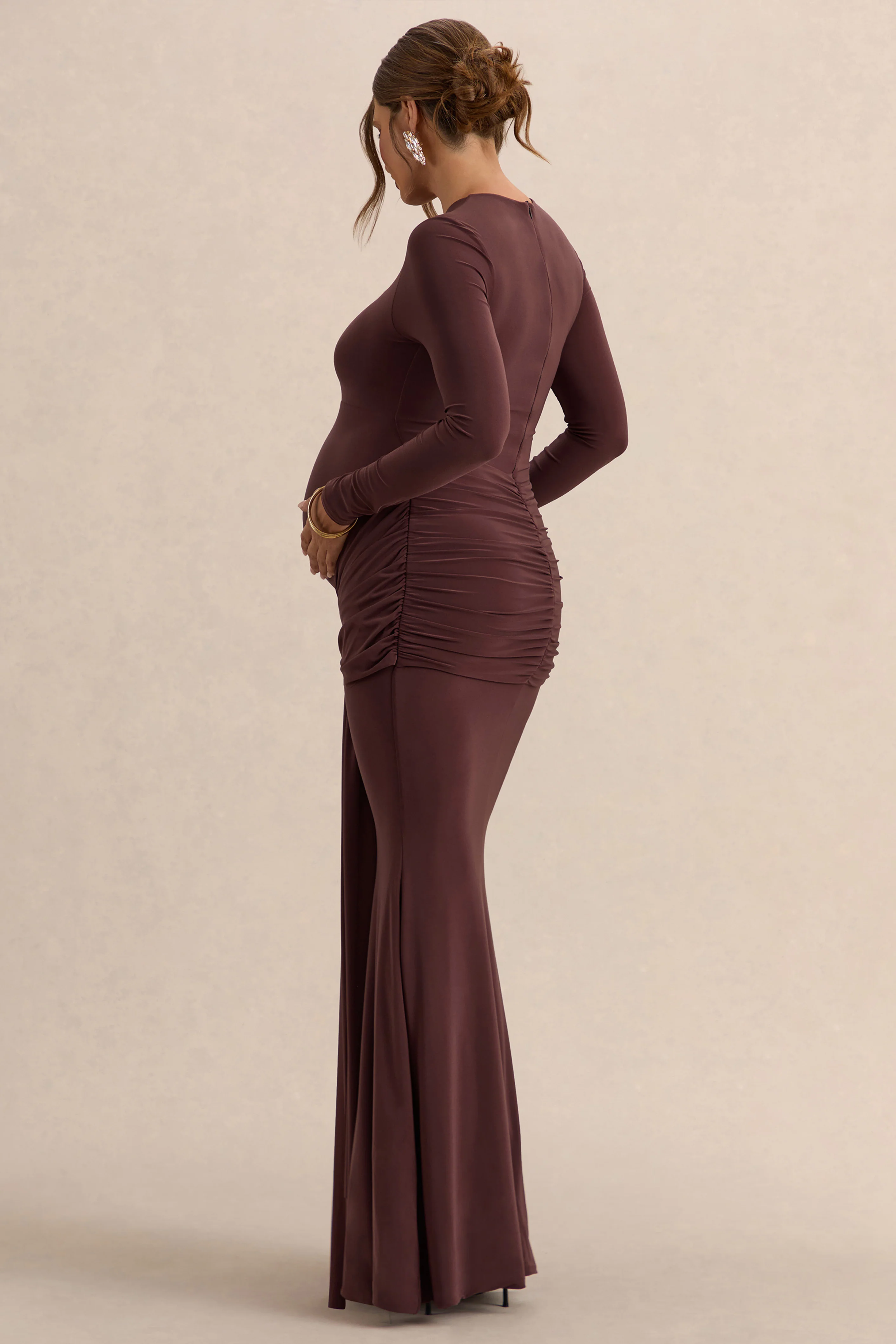 Aveny | Brown Crew-Neck Maternity Maxi Dress With Ruched-Detailing And Sash