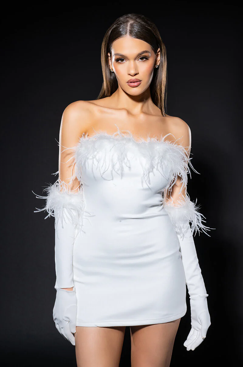 Holly Feather Detail Strapless Bodycon Dress With Gloves