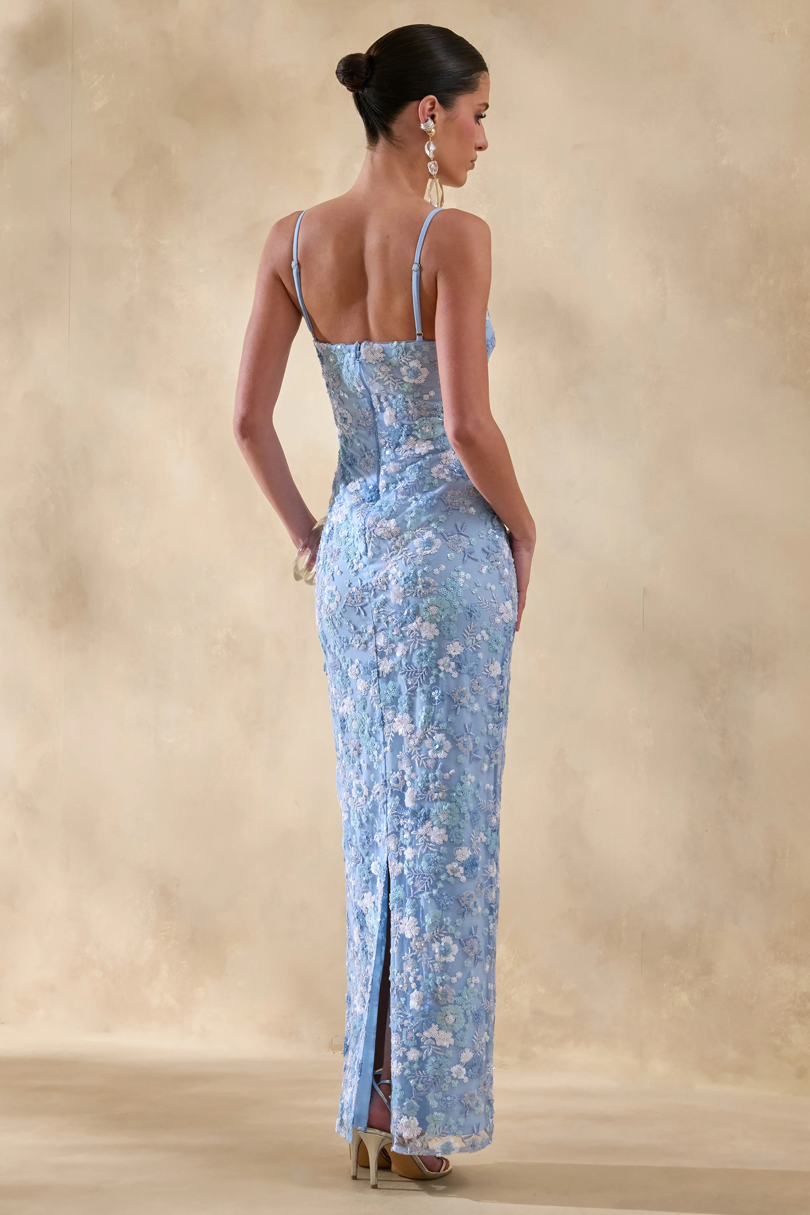 Miren | Light Blue Embellished Sequin Bandeau Maxi Dress