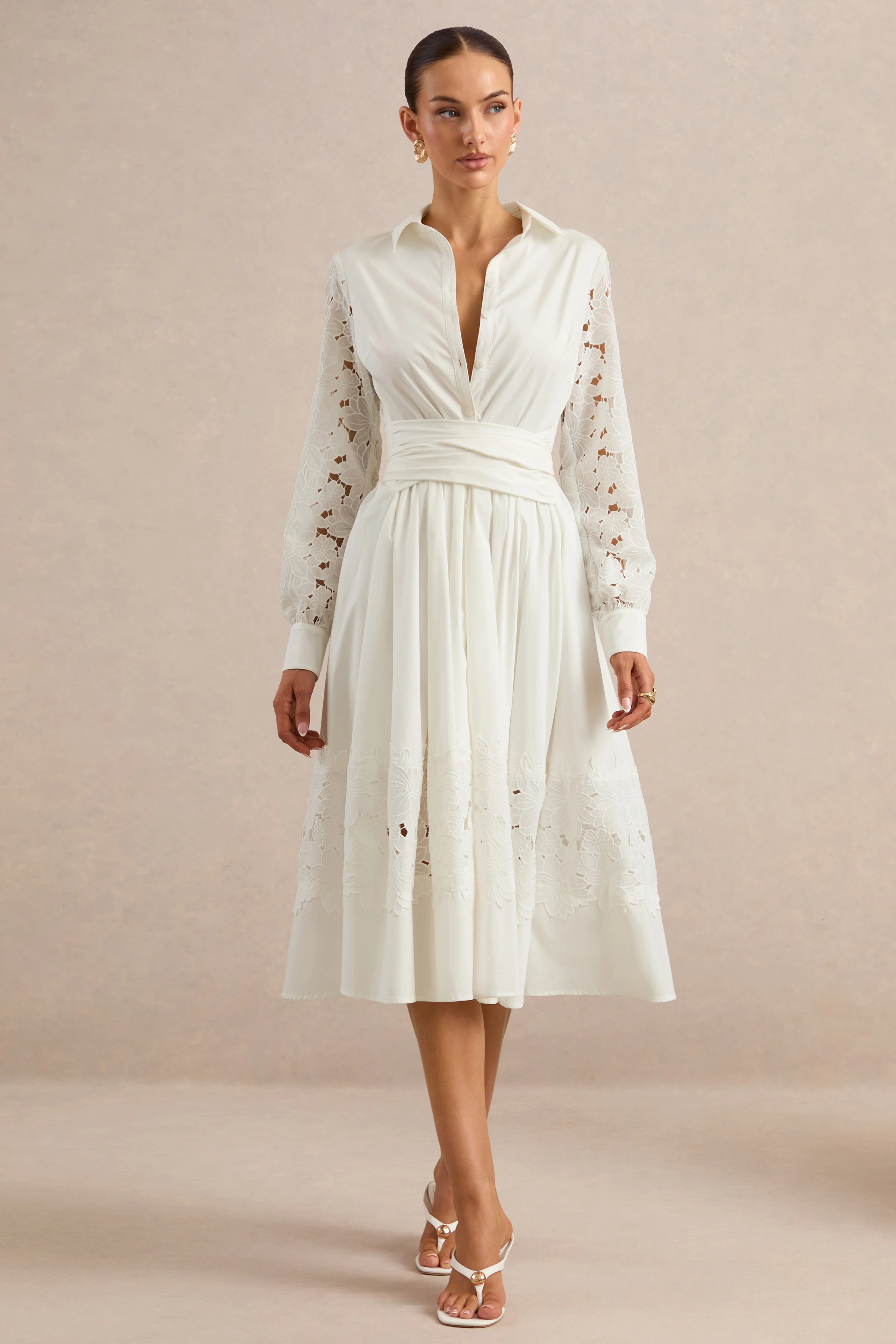 Zalynne | White Broderie Collared-Neck Midi Dress