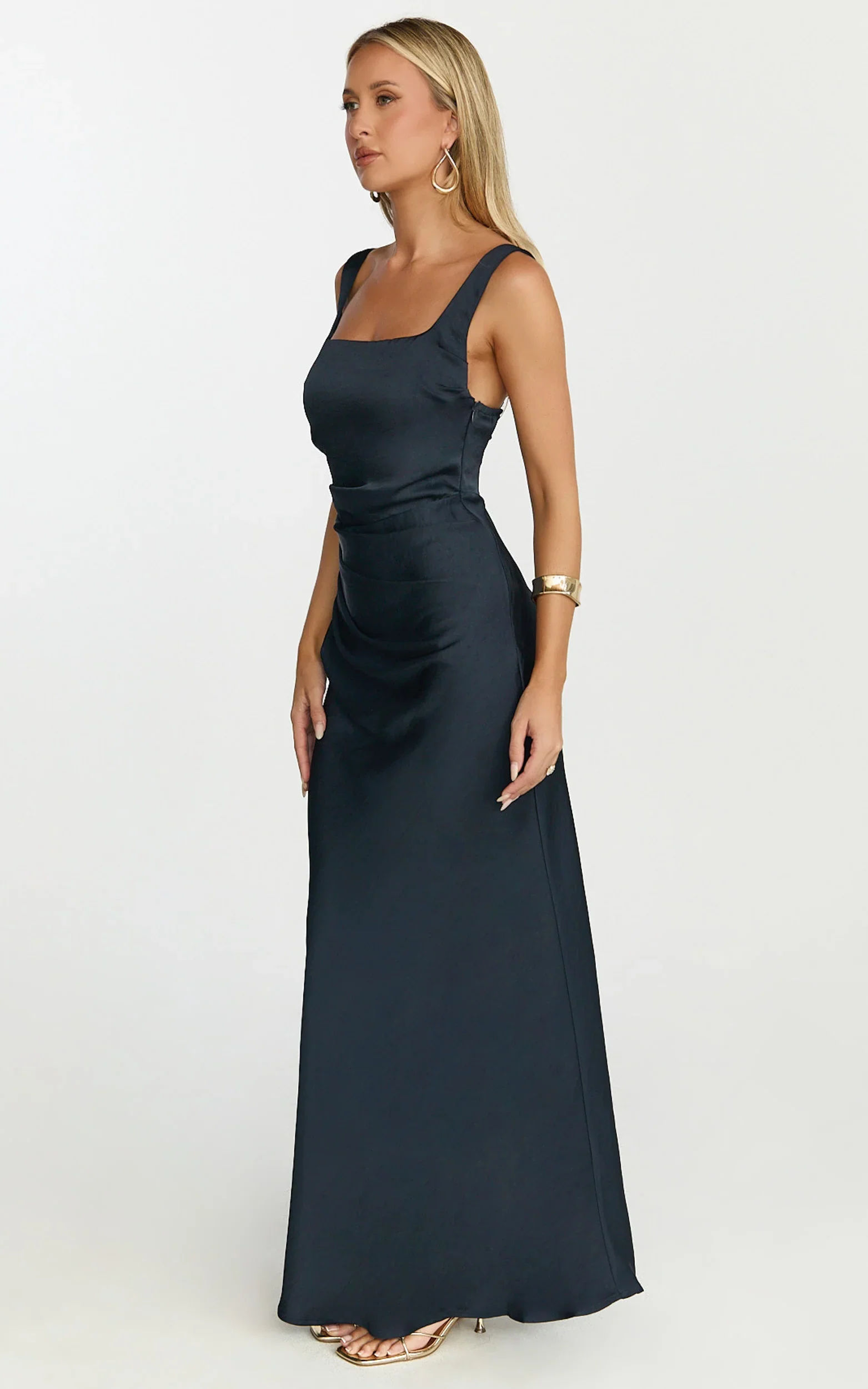 Rumi Midi Dress - Rushed Bodiest Satin Dress in Navy