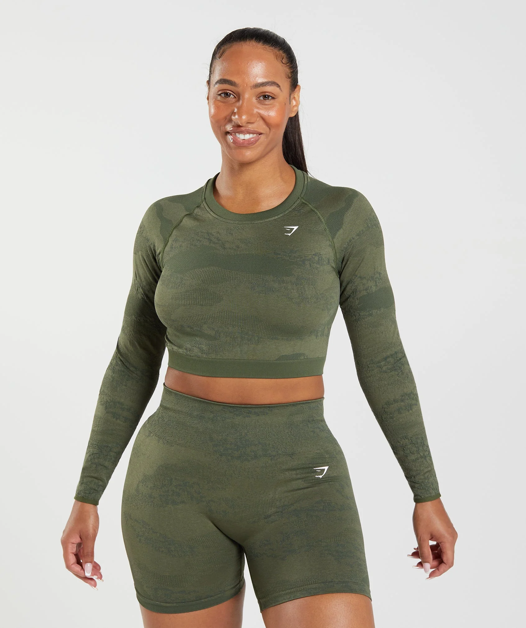 Adapt Camo Seamless Lace Up Back Top Moss Olive/Core Olive